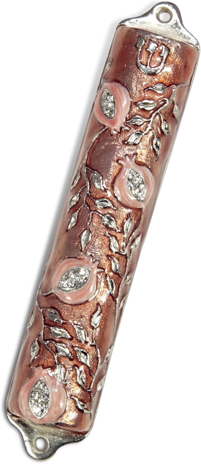 Bless This House Mezuzah Case 4 Inch Pomegranate Pewter Rose Pink