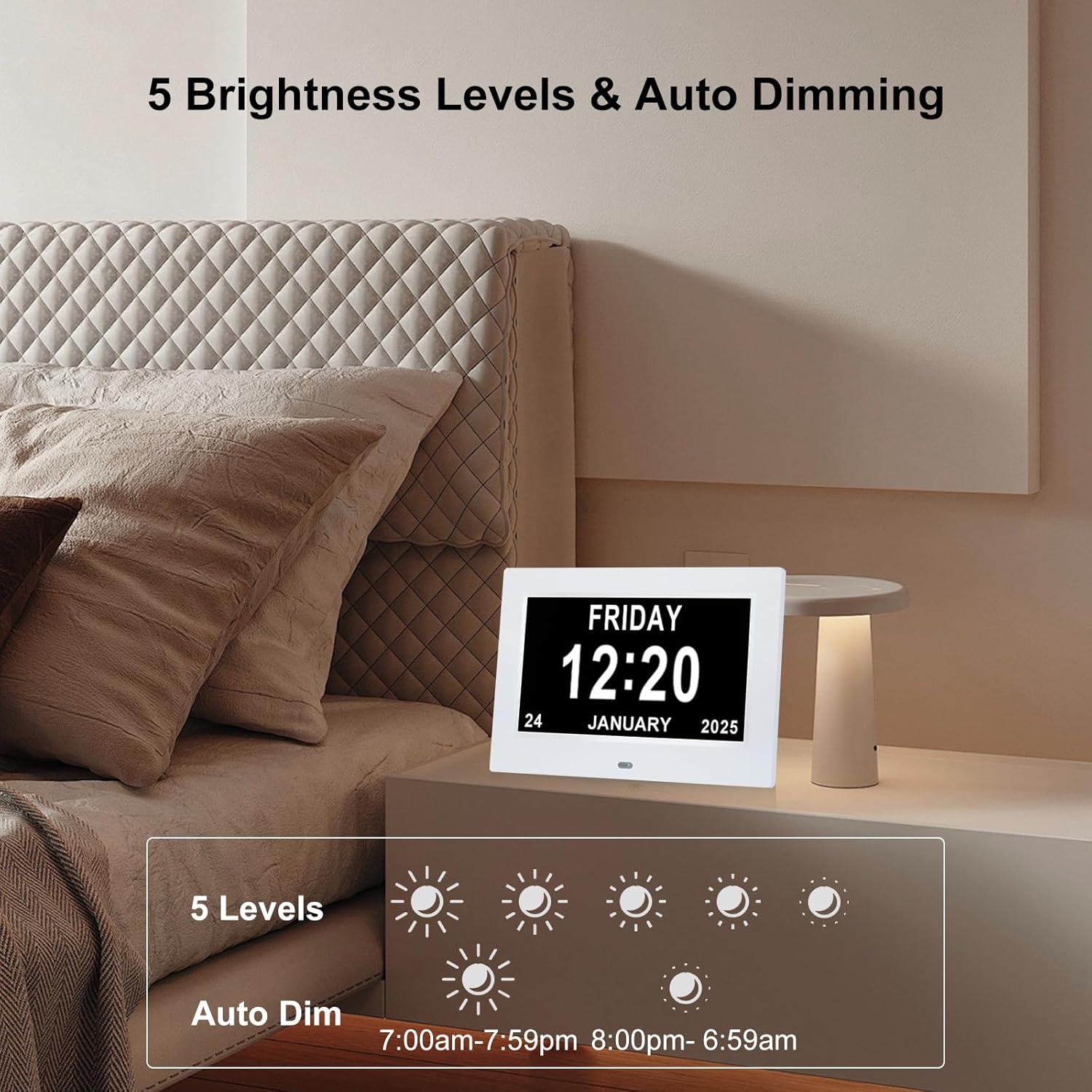 7 Inch Digital Calendar Clock with 12 Alarms and 5 Display Modes