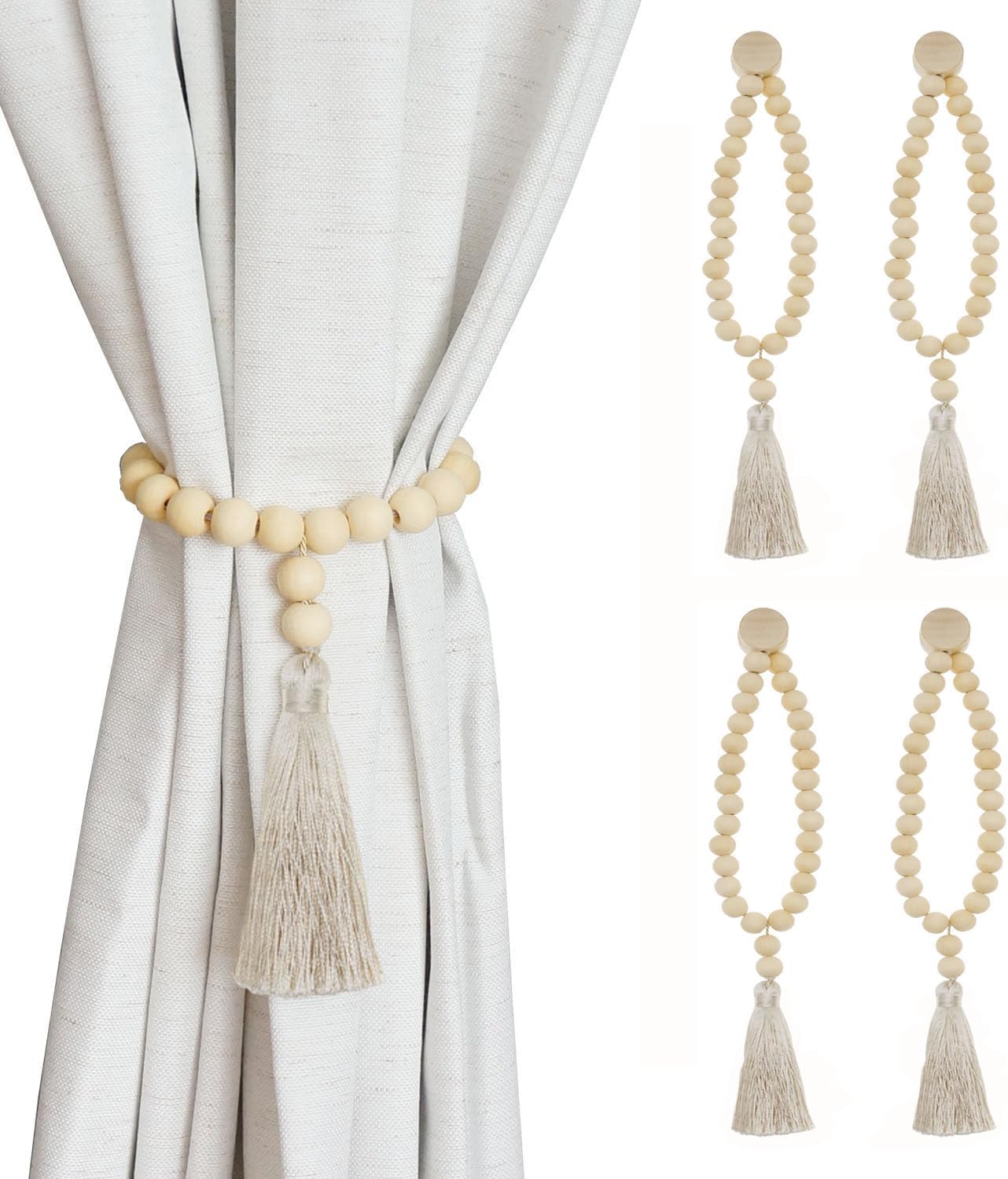 Magnetic Tassel Curtain Tiebacks - Set of 4 Beige