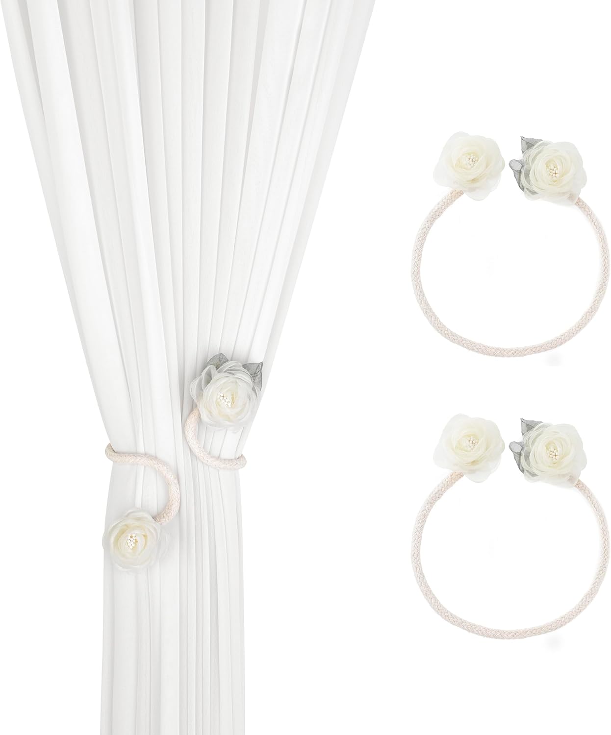 Handmade Artificial Rose Flower Curtain Holdbacks - Beige