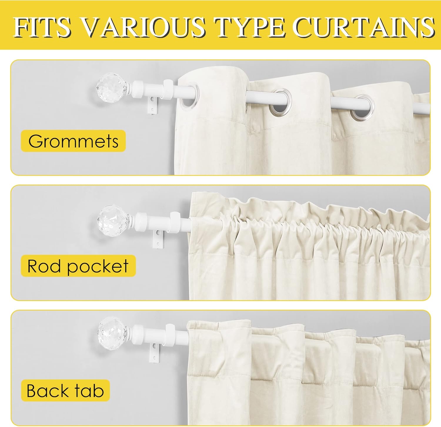NICETOWN Adjustable Curtain Rod with Faceted Ball Ends 28-48 Inches Matte White