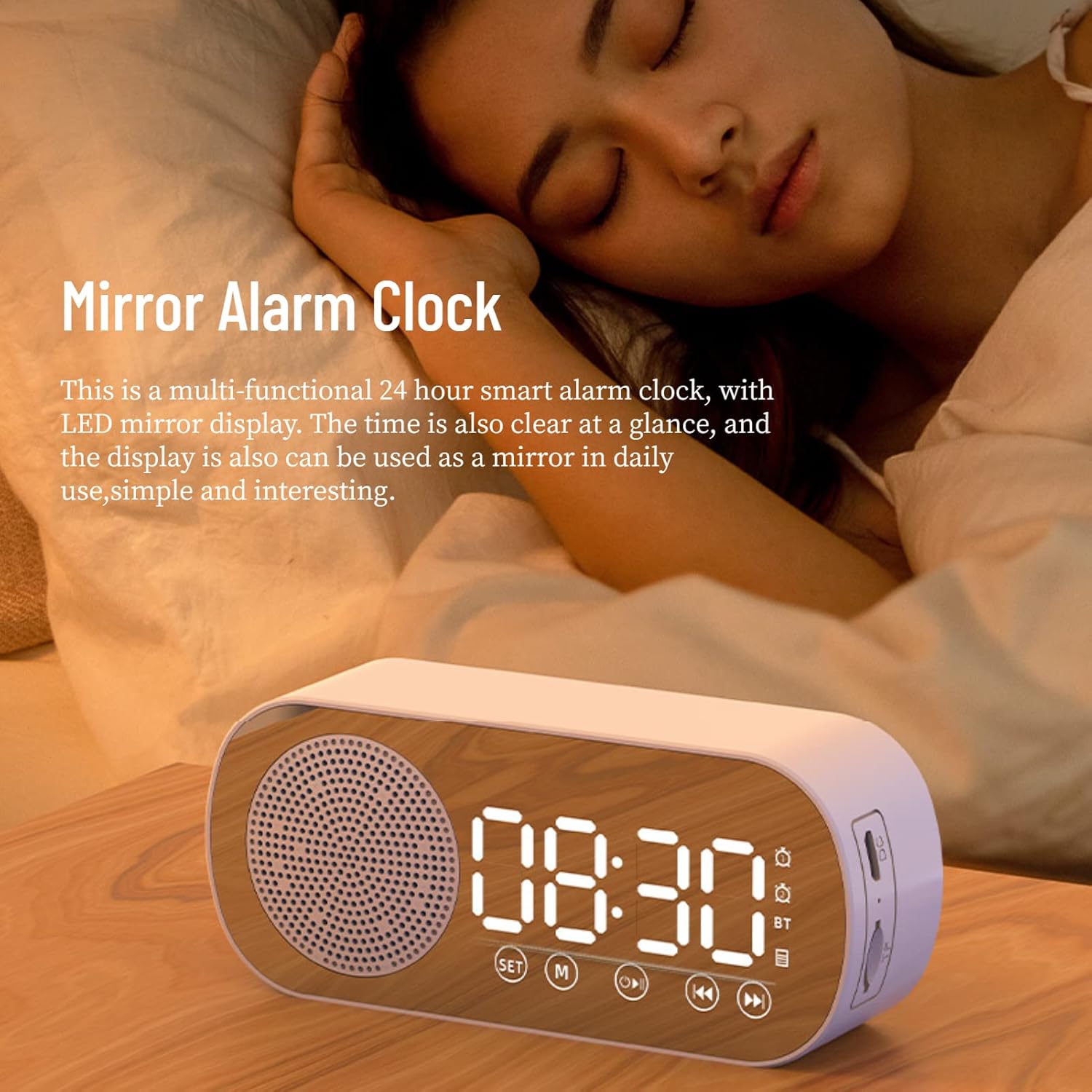 Bluetooth Speaker Alarm Clock with LED Mirror Display