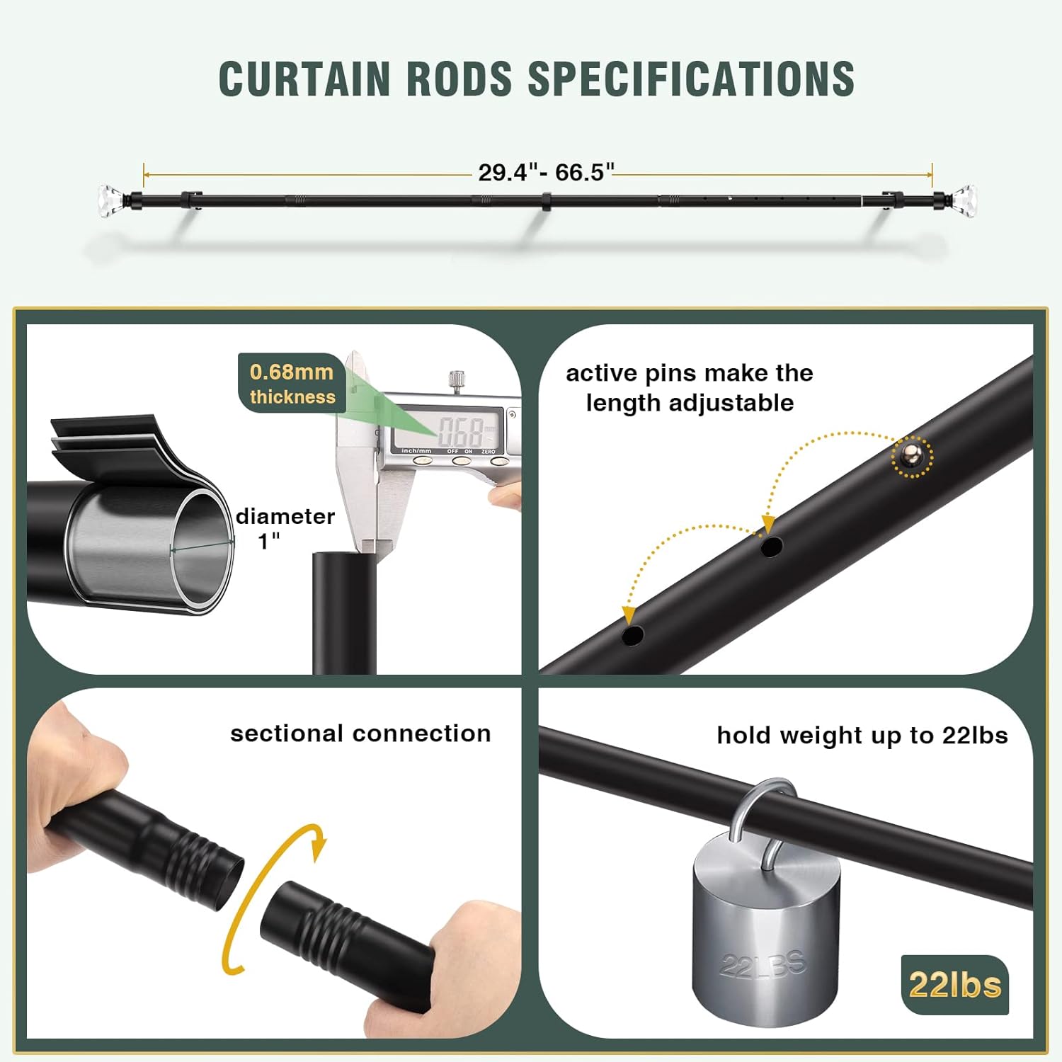 Black Curtain Rods With Crystal Diamond Finials 1 Inch Diameter