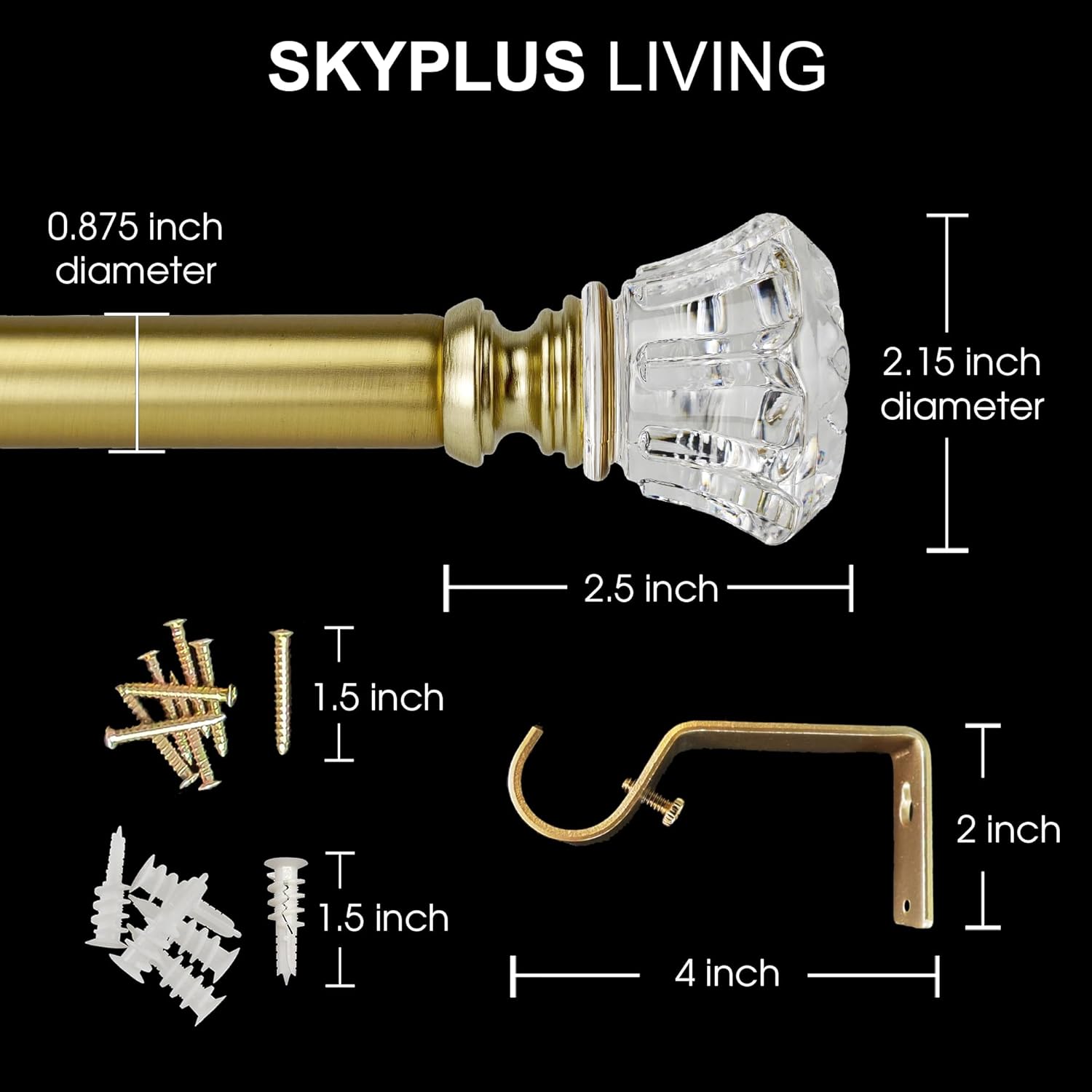 Gold Curtain Rod Set with Crystal Diamond Finials 36-72 Inch