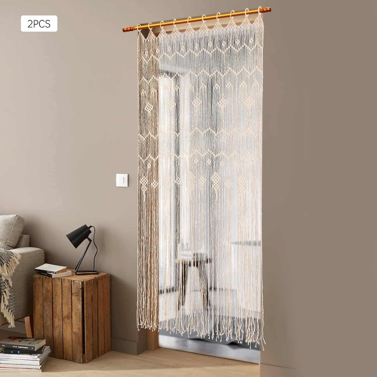 2Pcs Macram Curtain with Tassels for Living Room and Bedroom