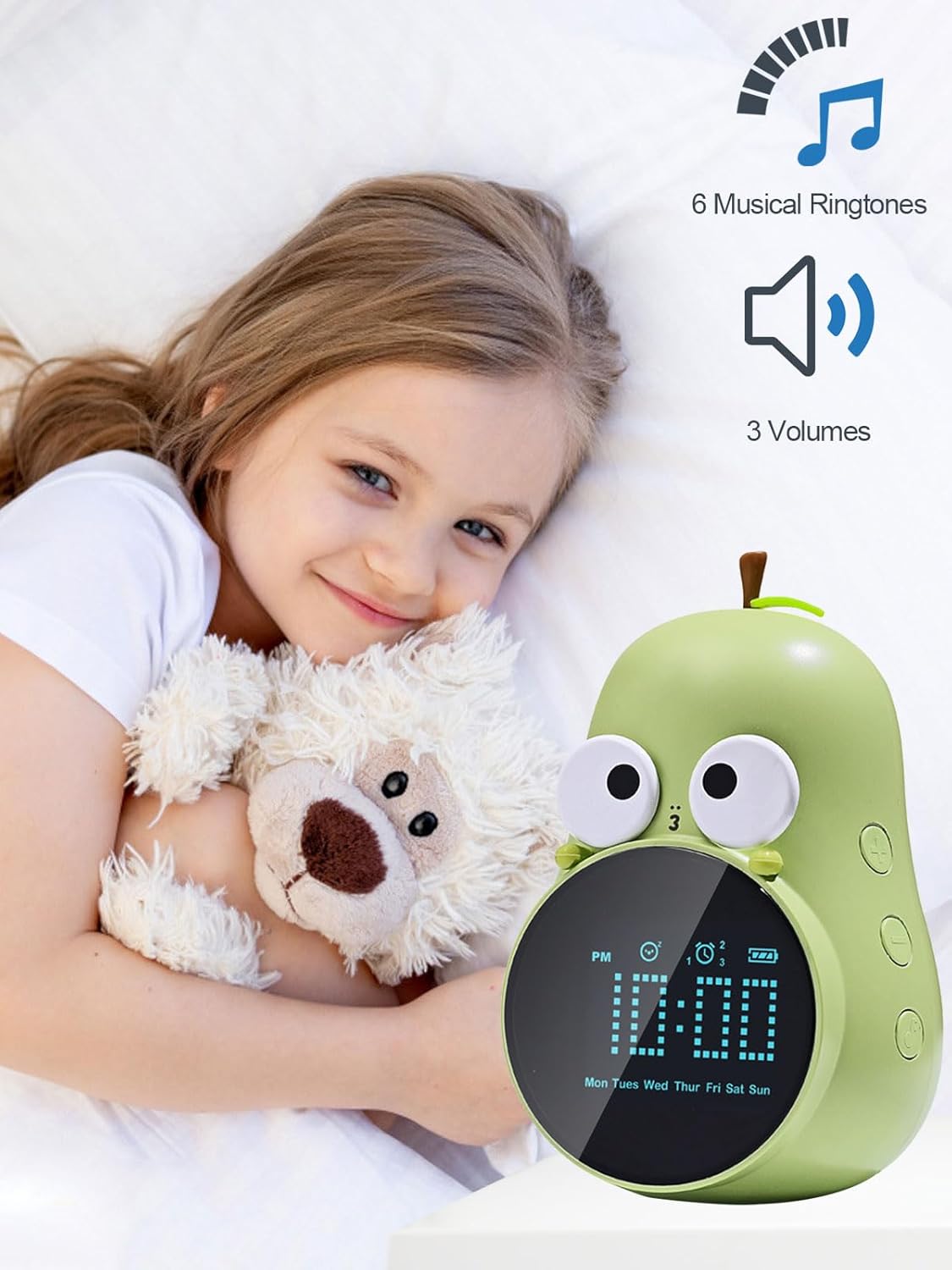 ANMONES Pear Alarm Clock for Kids Triple Alarms 5 Ringtones