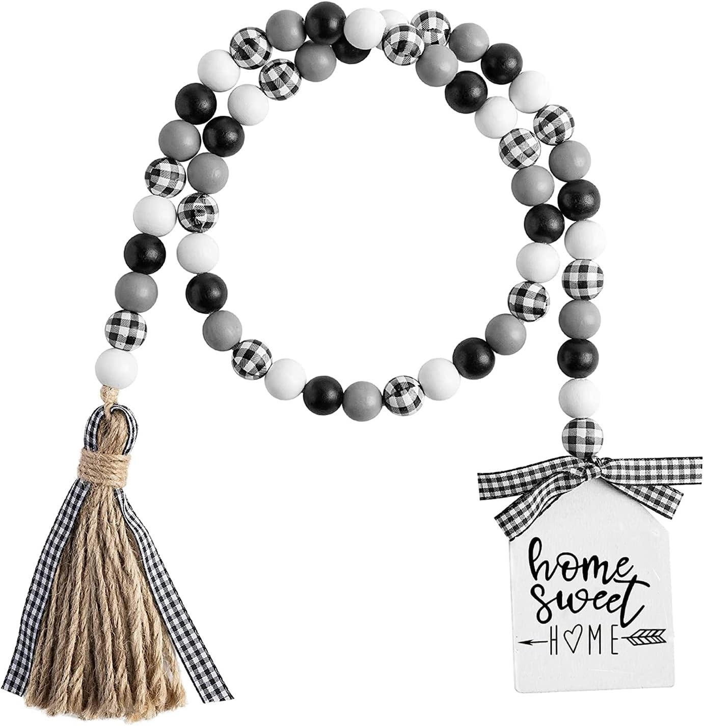 Farmhouse Plaid Wood Bead Garland with Tassel 40 Inch Decor