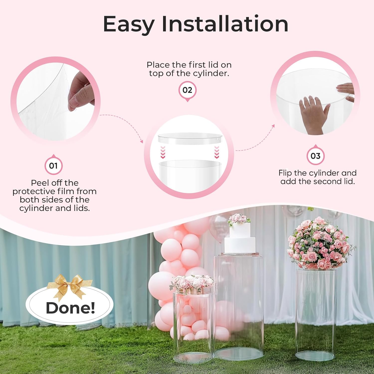 3 Pc Clear Acrylic Cylinder Pedestal Stand for Parties