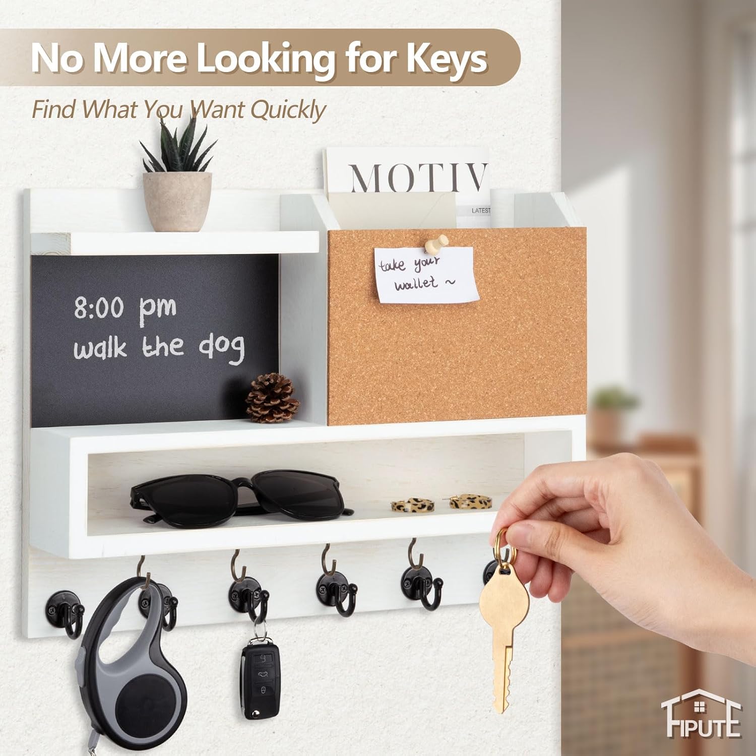 Fipute Key Holder Wall Mount with Chalkboard and Corkboard