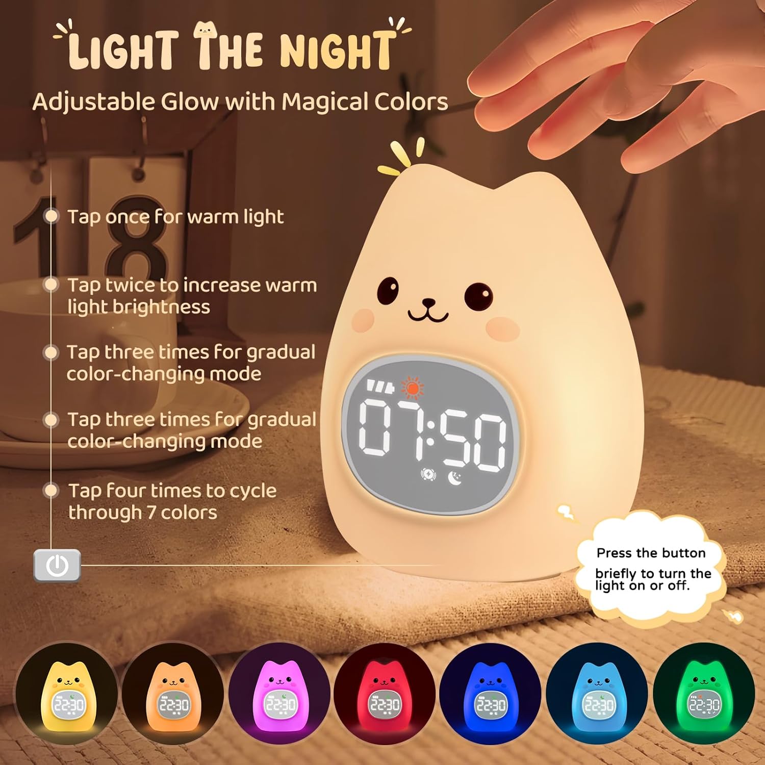 Cute Cat Alarm Clock with Night Light for Kids