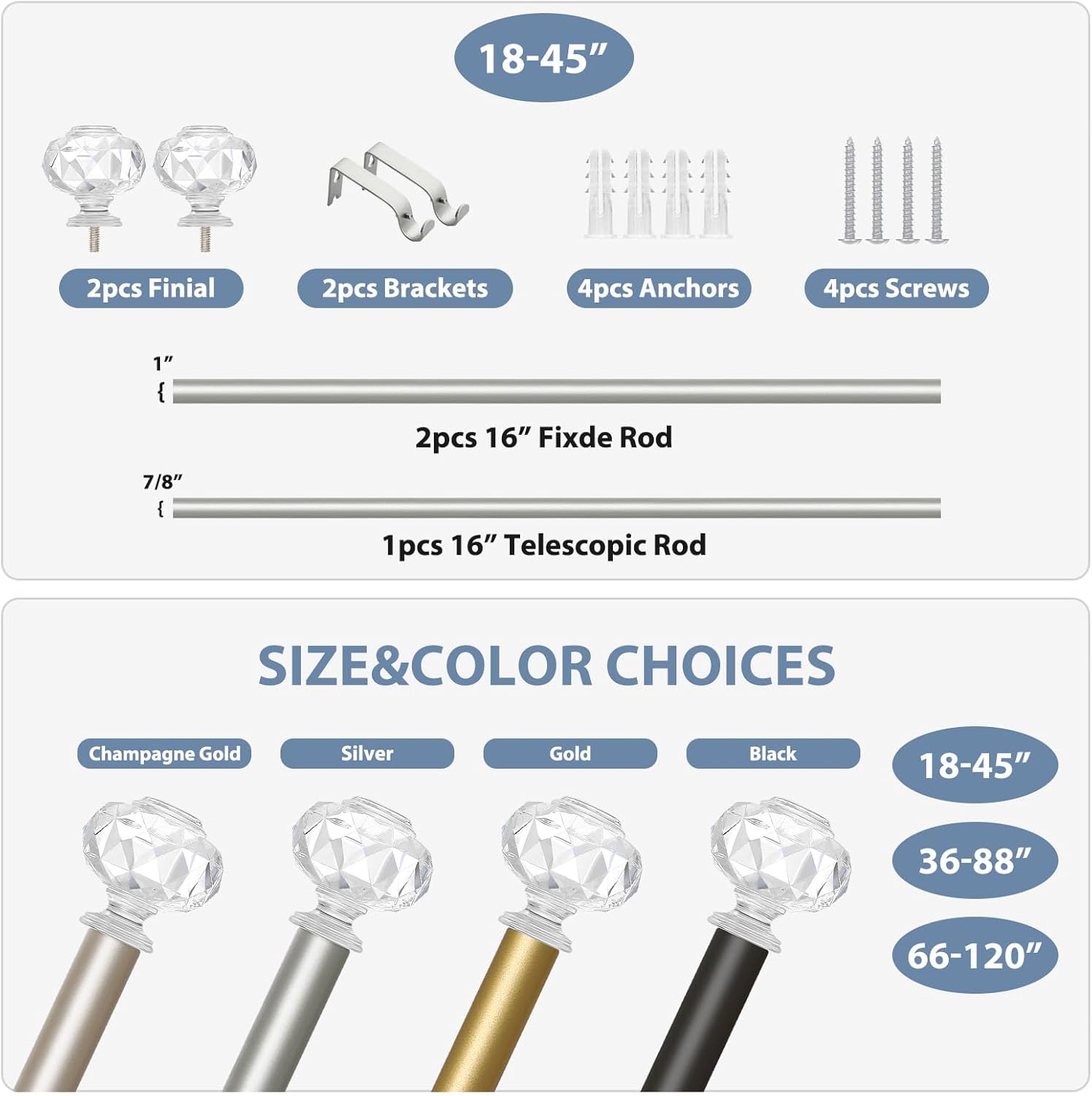 TVWOO Silver Crystal Curtain Rods 18-45 Inch Adjustable