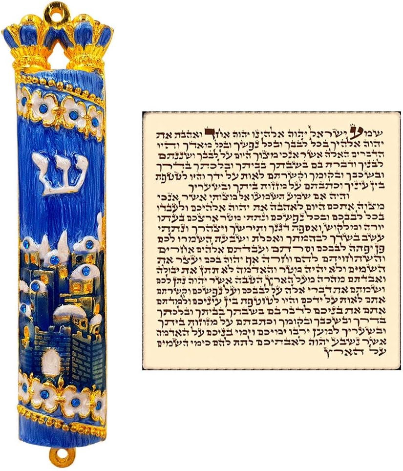 TALISMAN4U Blue Enamel Mezuzah Case with Gold Plated Crystals and Hebrew Scroll