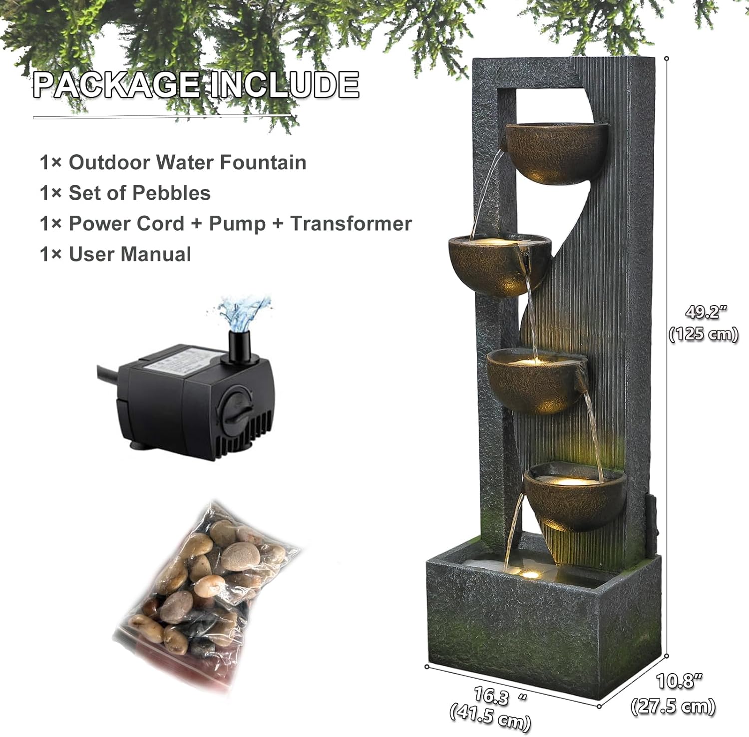 Sunlinua 5-Tier Large Water Fountain with LED Lights and Pump