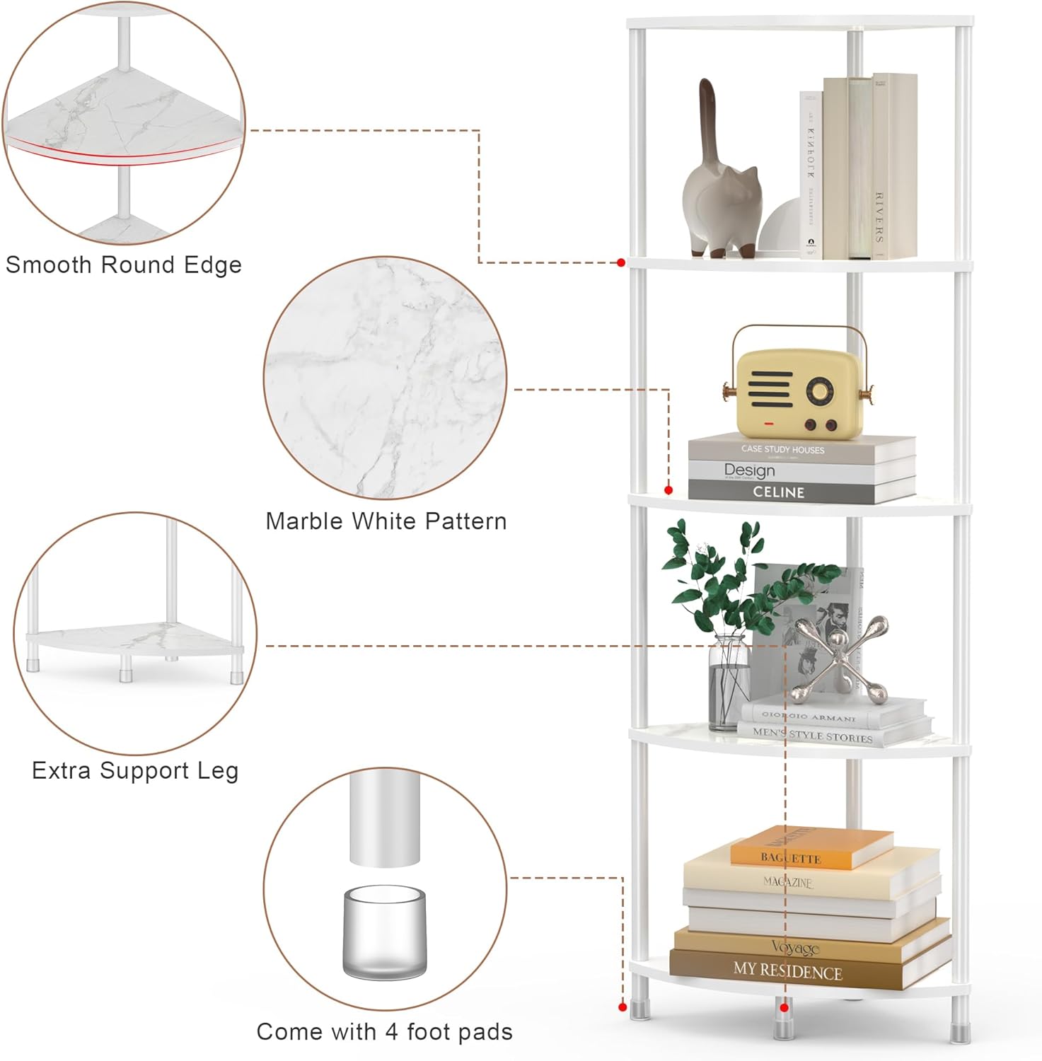 Greatseas 5 Tier Marble White Corner Shelf Stand