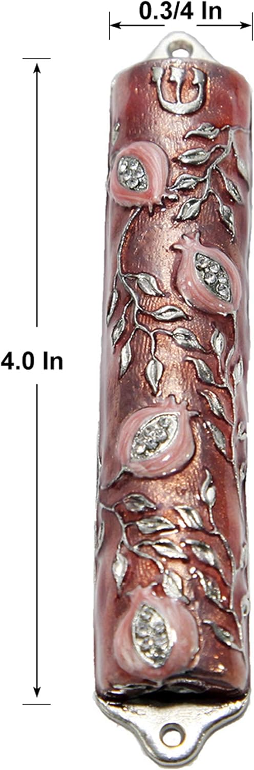 Bless This House Mezuzah Case 4 Inch Pomegranate Pewter Rose Pink