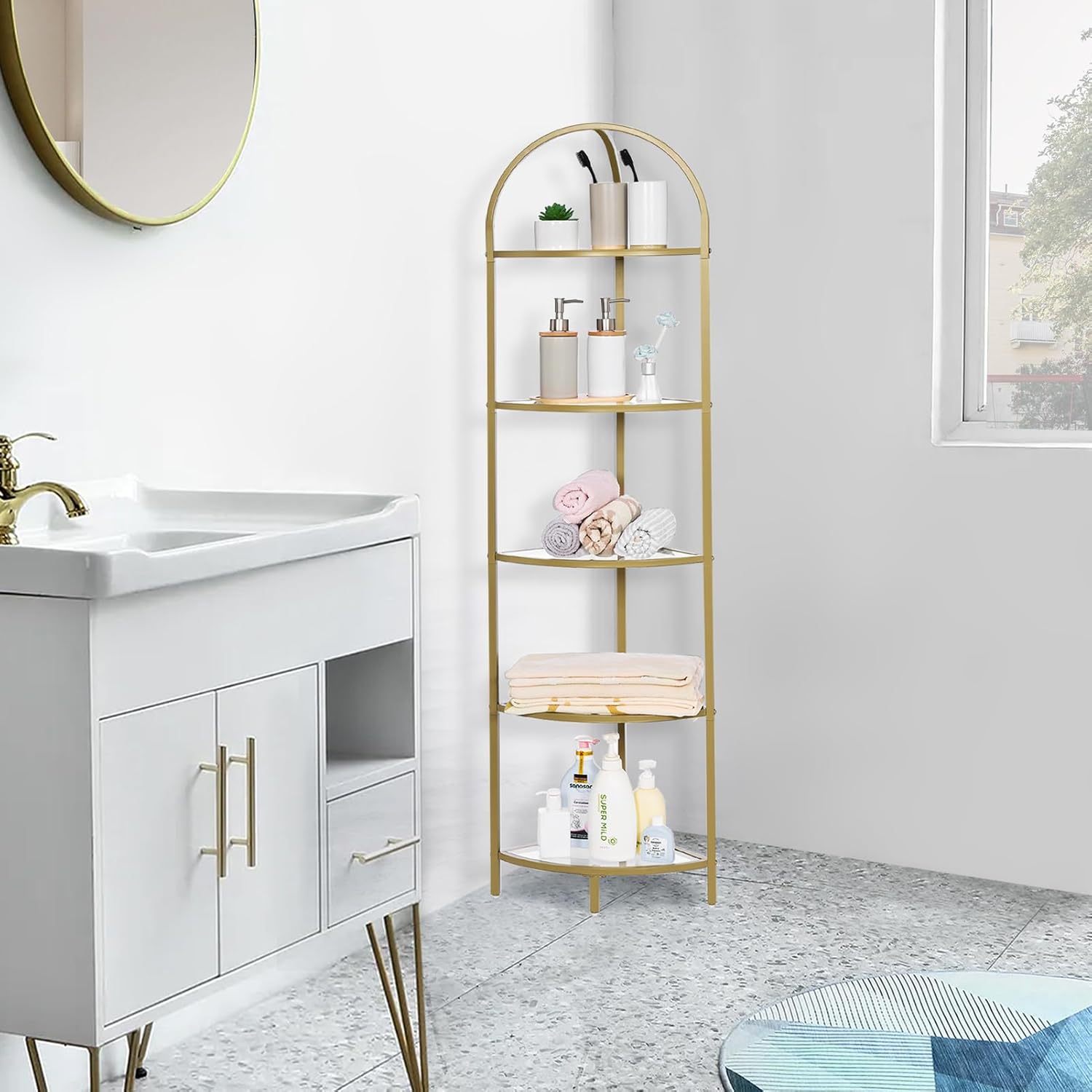 Homhedy 5-Tier Corner Shelf Stand with Gold Finish