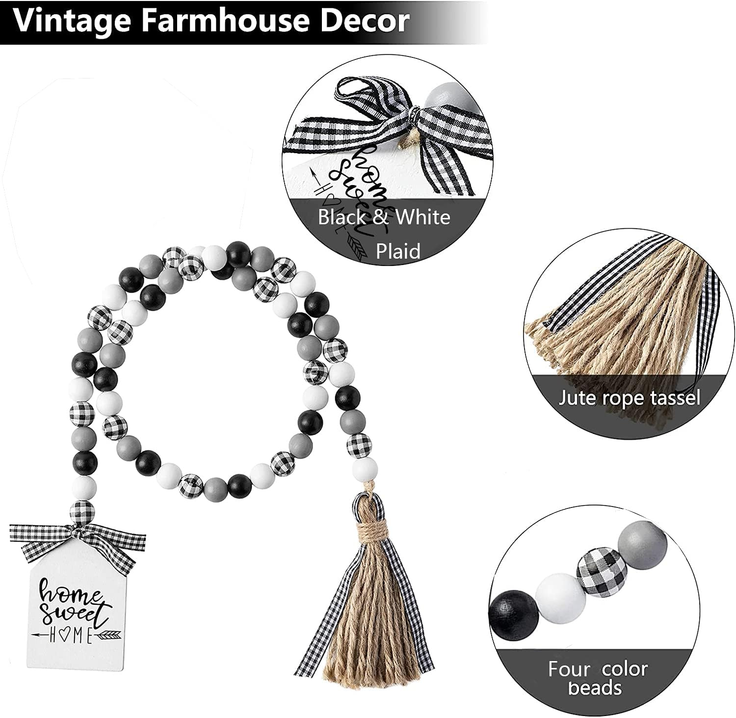 Farmhouse Plaid Wood Bead Garland with Tassel 40 Inch Decor