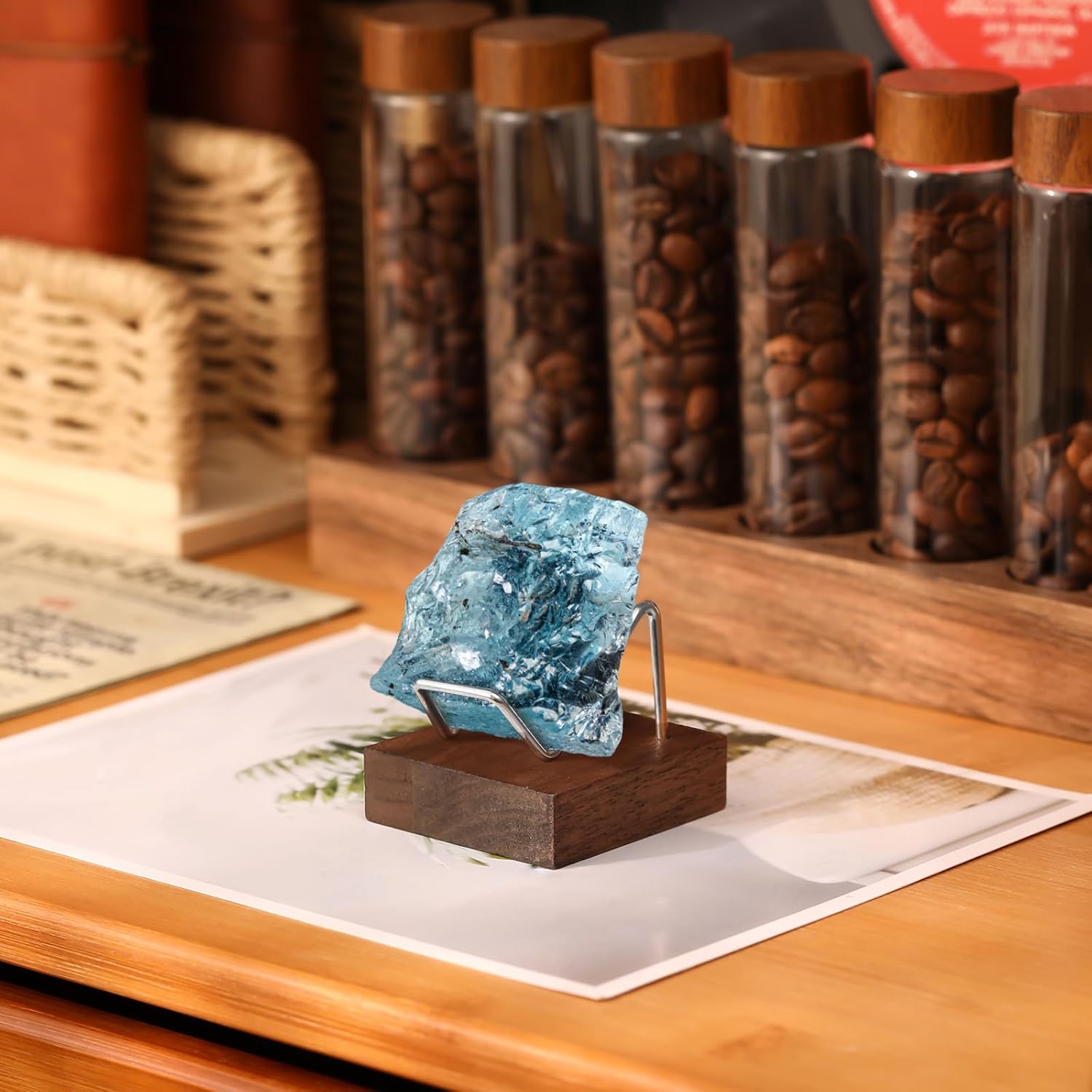 4 Pcs Rock Display Stand with Metal Arms and Wooden Base