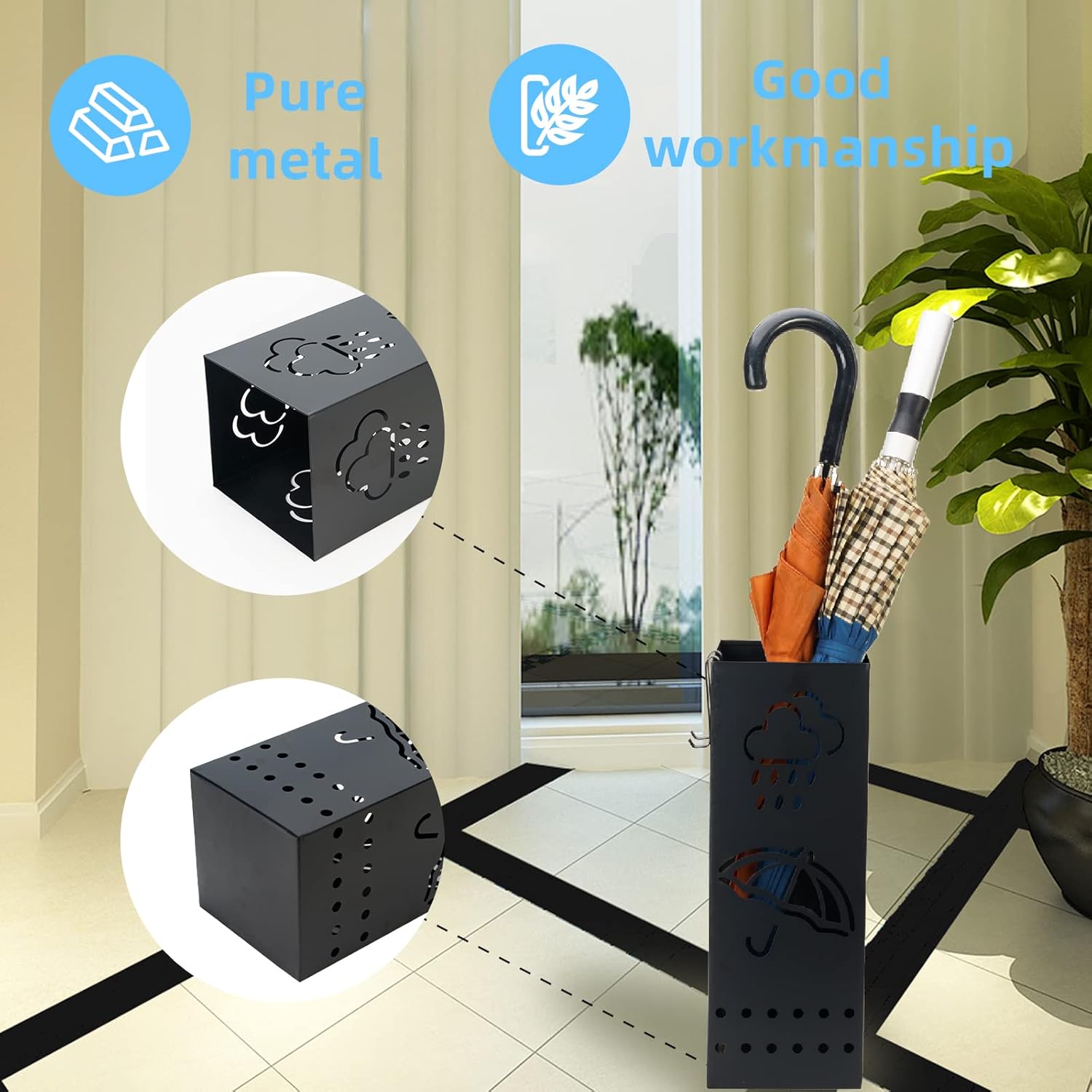 Black Square Metal Umbrella Stand Holder 6x6x17 Inch