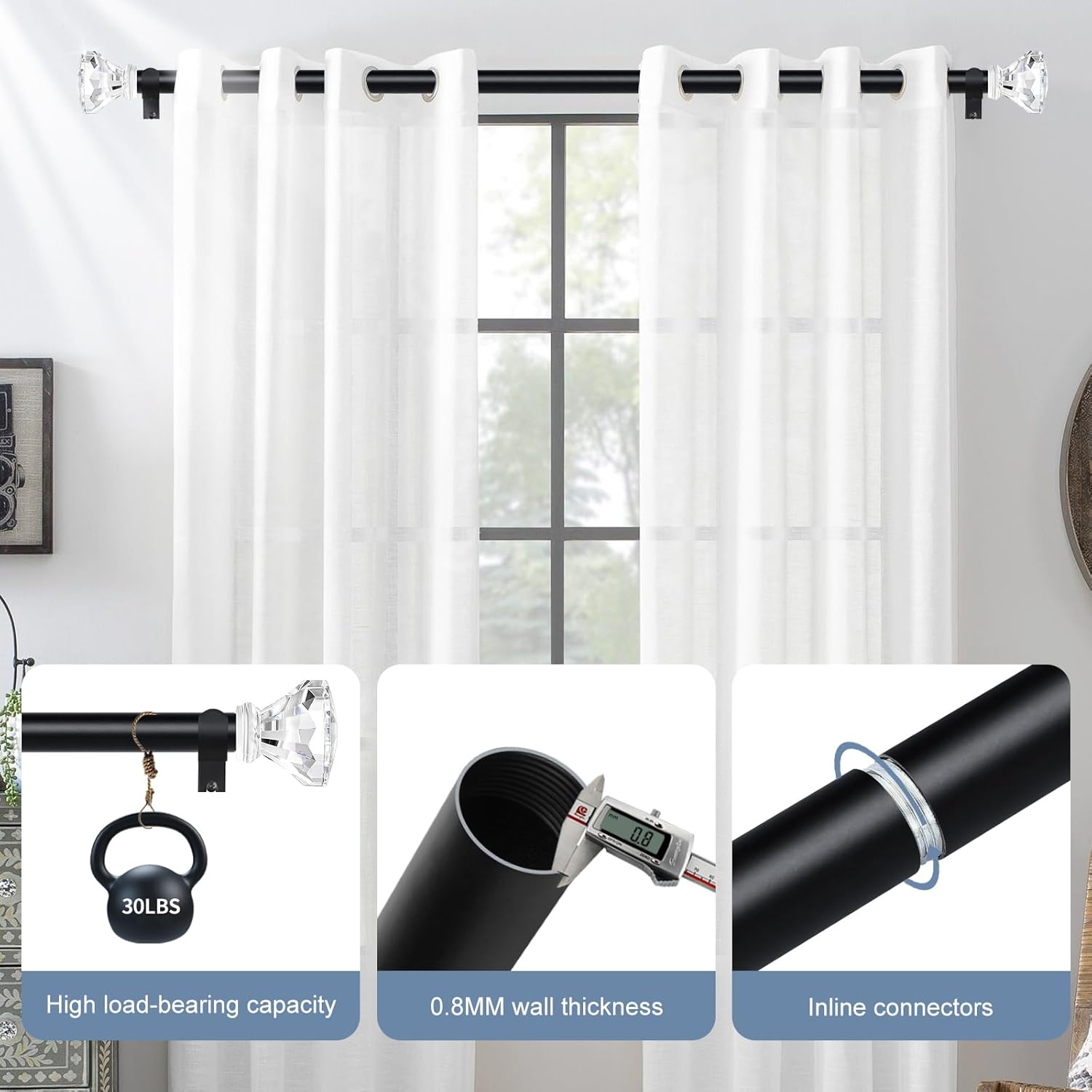 TVWOO Matte Black Crystal Window Rods 66-120 Inch