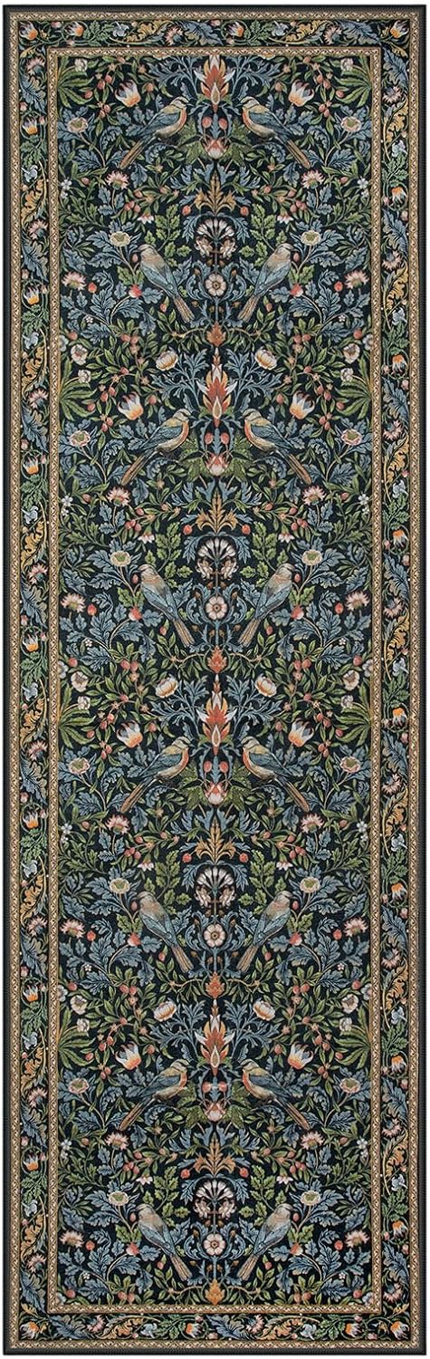 Morebes Boho Floral Hallway Runner Rug 8ft Navy Blue