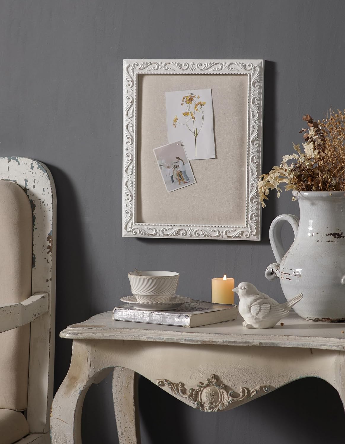 SOFE Rustic Bulletin Board for Wall - White Linen 16x13 Inches