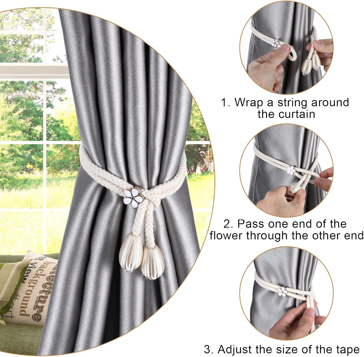 4 Piece Hand-Woven Cotton Curtain Tiebacks with Floral Buckles