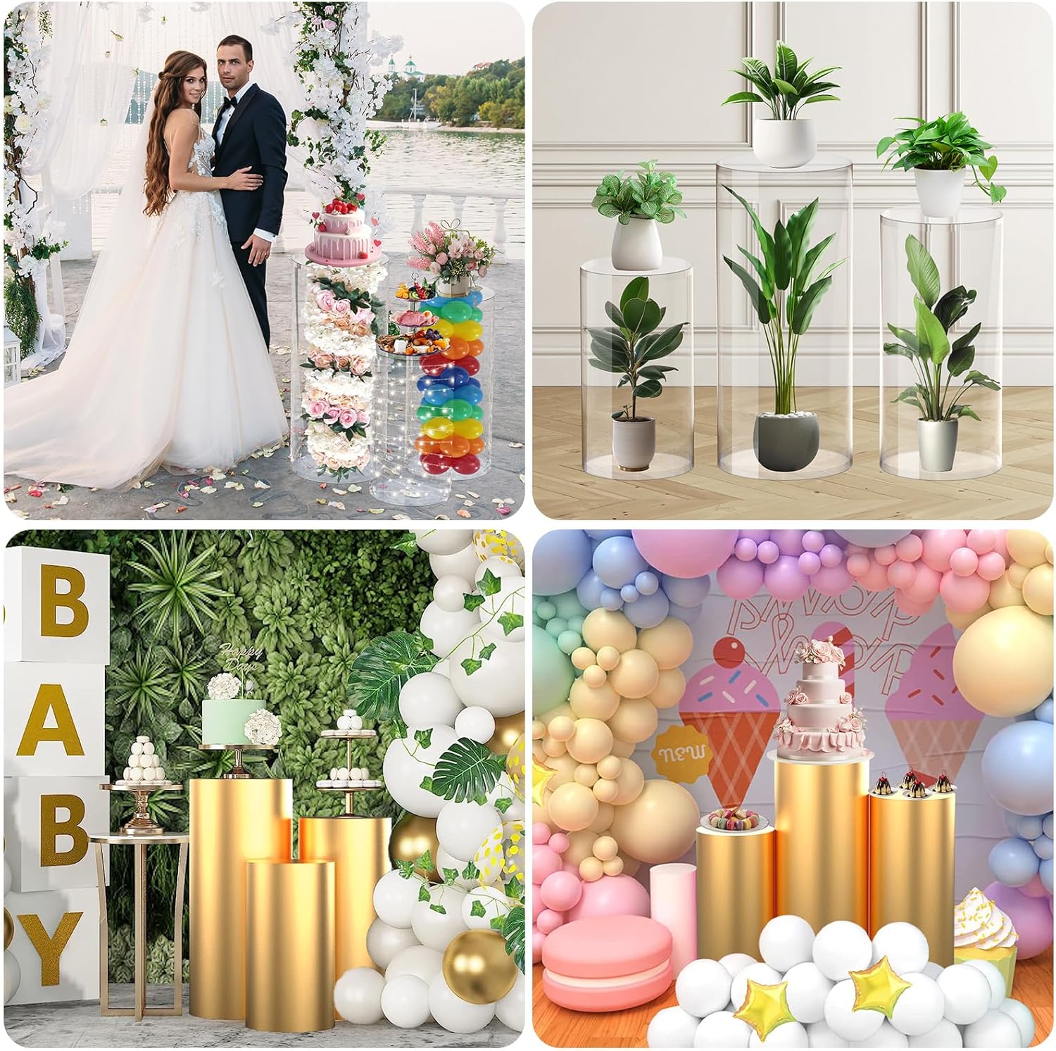 3PCS Clear Cylinder Stands with Gold Cover for Party Displays
