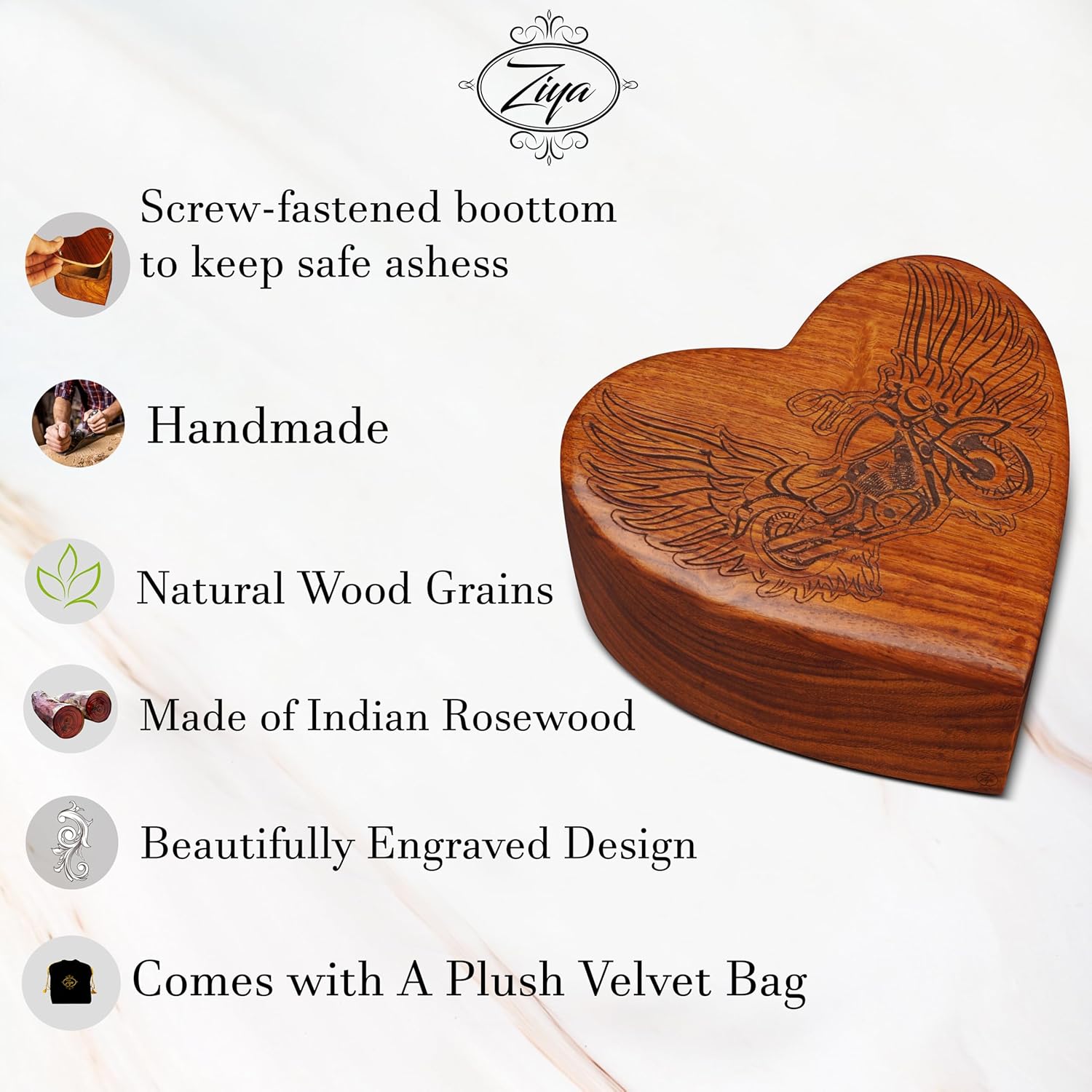 Ziya Wooden Heart Motorcycle Cremation Urn for Men