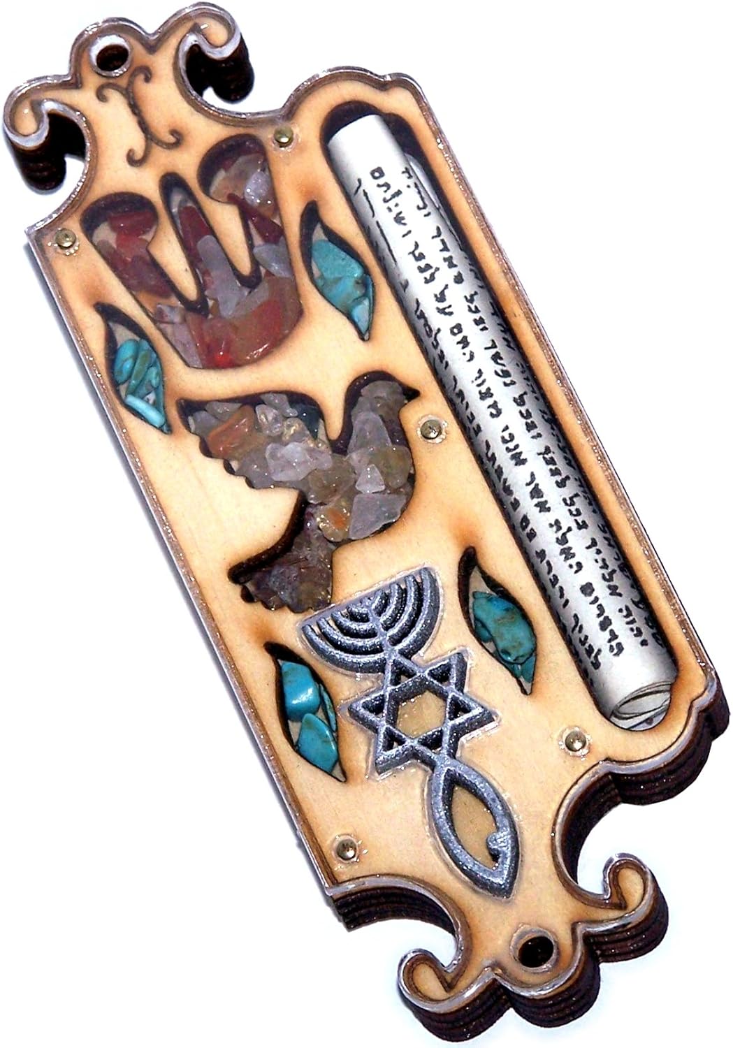 Holy Land Market Wooden Mezuzah Case with Scroll and Stones