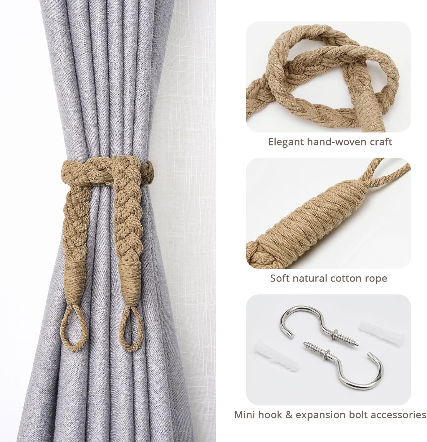 NICEEC 4 Pack Natural Cotton Rope Curtain Tiebacks