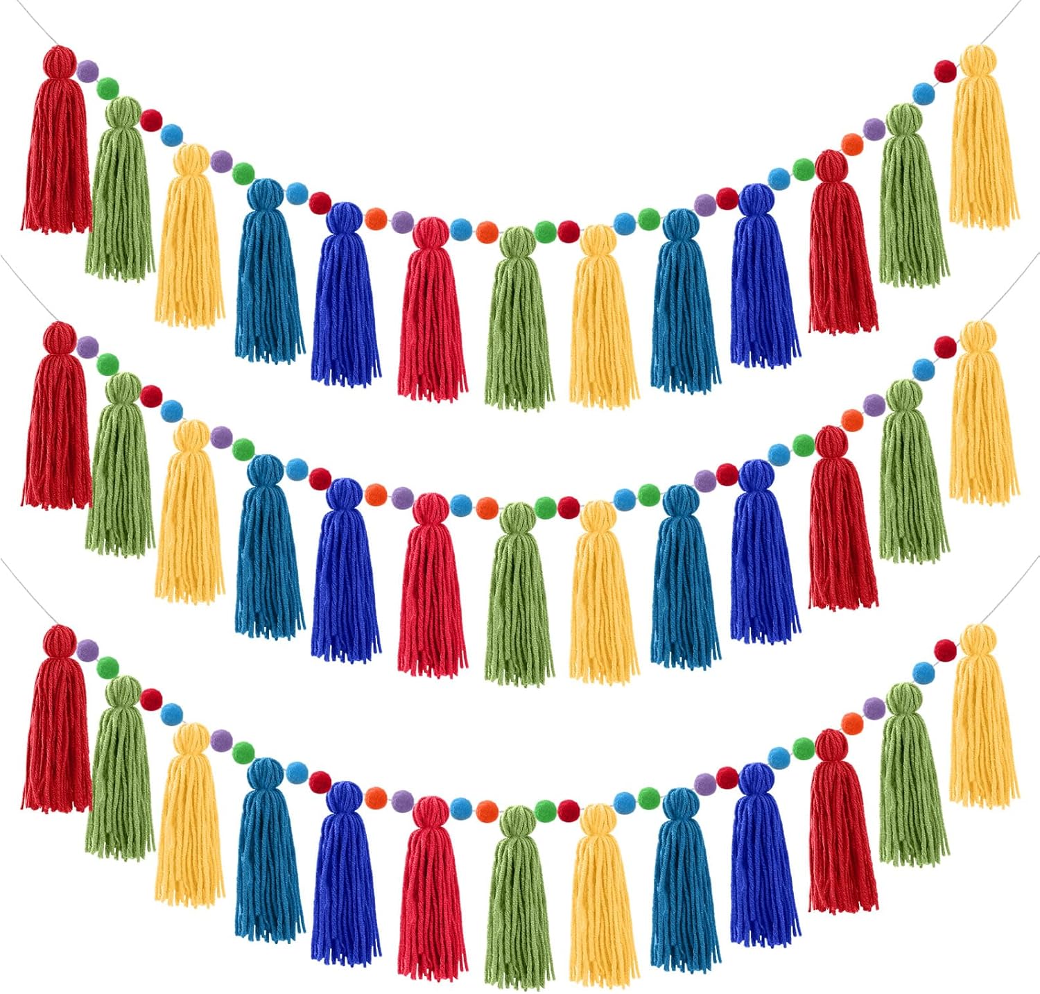 Syhood 3 Pcs Rainbow Tassel Garland with Pom Pom