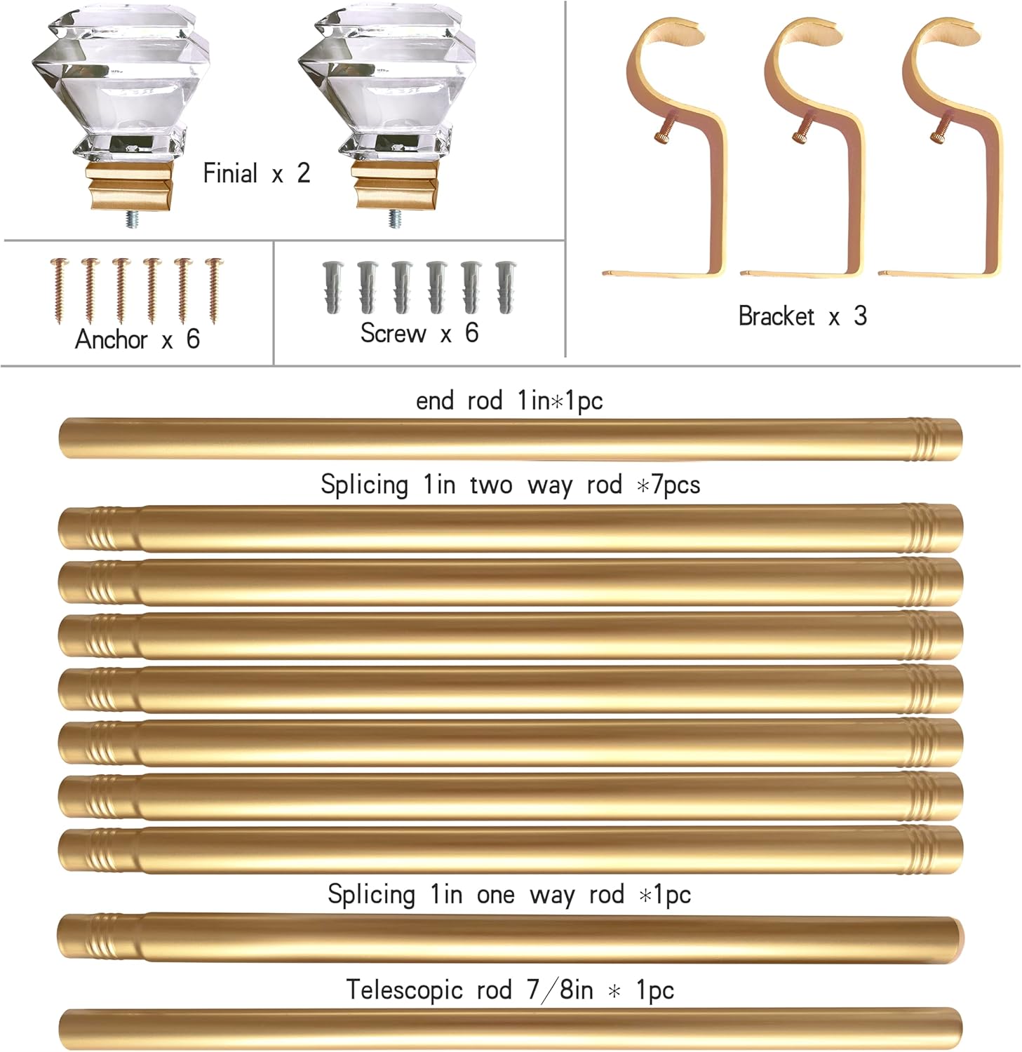 Exquisite Gold Adjustable 1in Steel Curtain Rod with Acrylic Finials