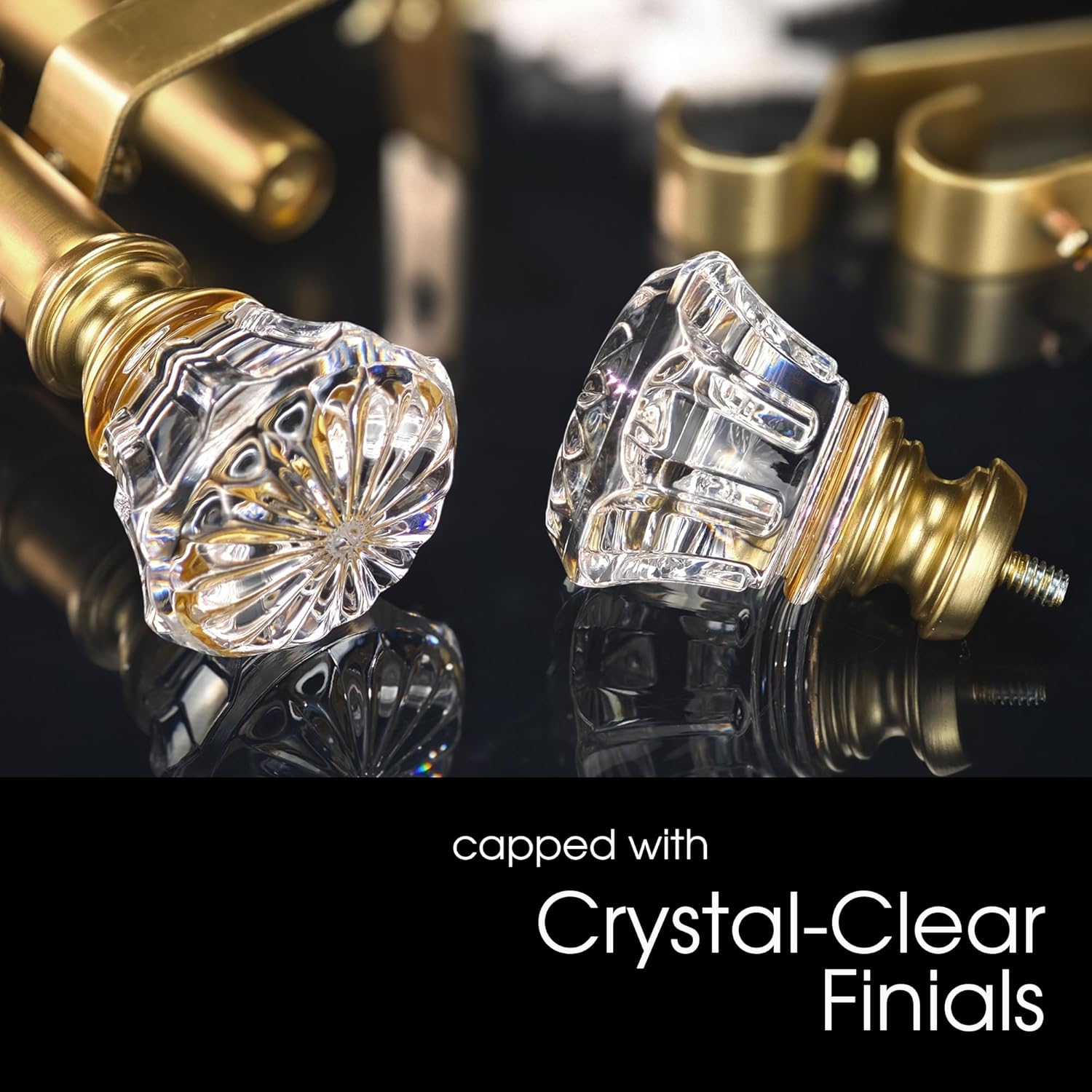 Gold Curtain Rod Set with Crystal Diamond Finials 36-72 Inch