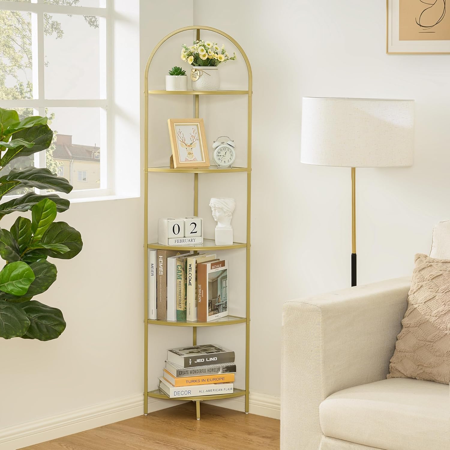 Homhedy 5-Tier Corner Shelf Stand with Gold Finish