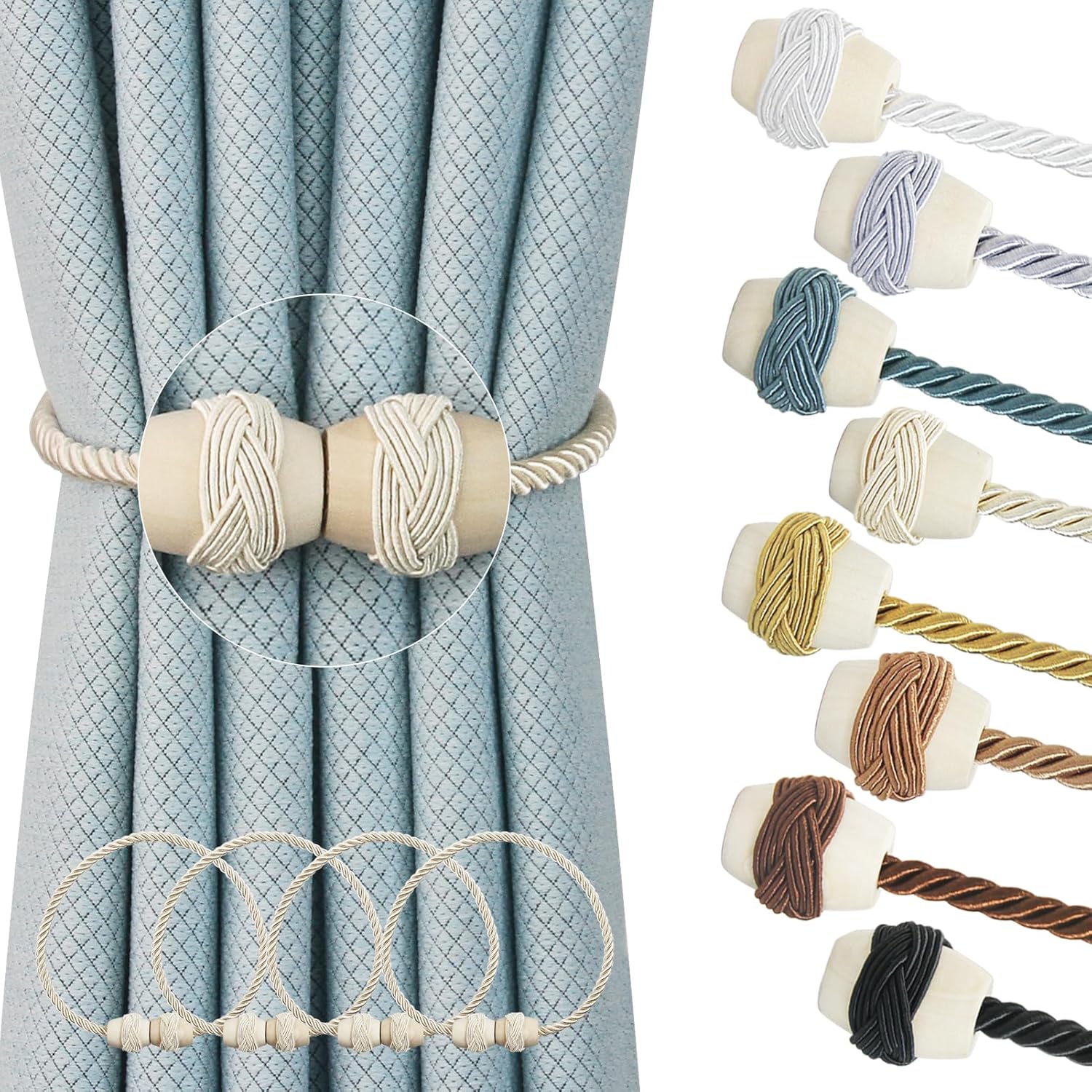 Hangtty Magnetic Curtain Tiebacks 4Pack Beige
