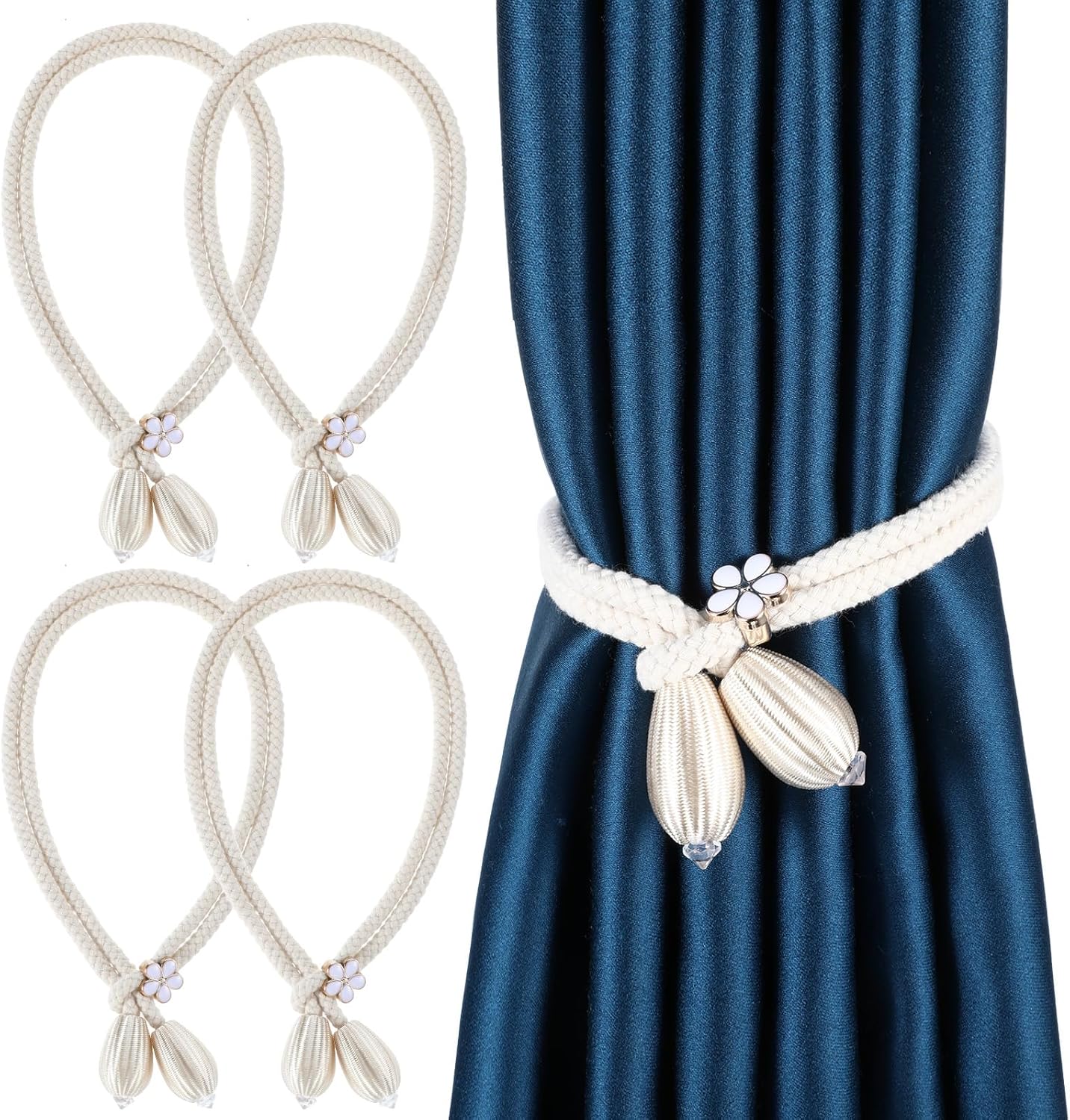 4 Piece Hand-Woven Cotton Curtain Tiebacks with Floral Buckles