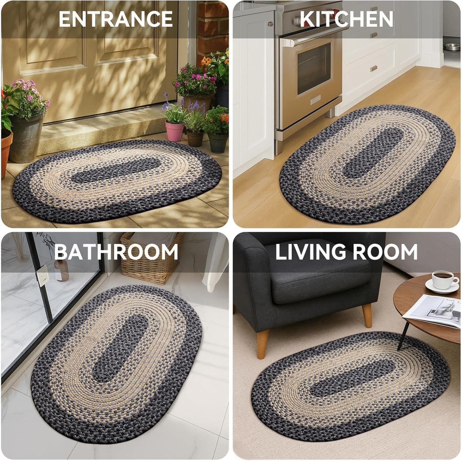 Oval Braided Rug 2x3 with Anti-Slip Pads