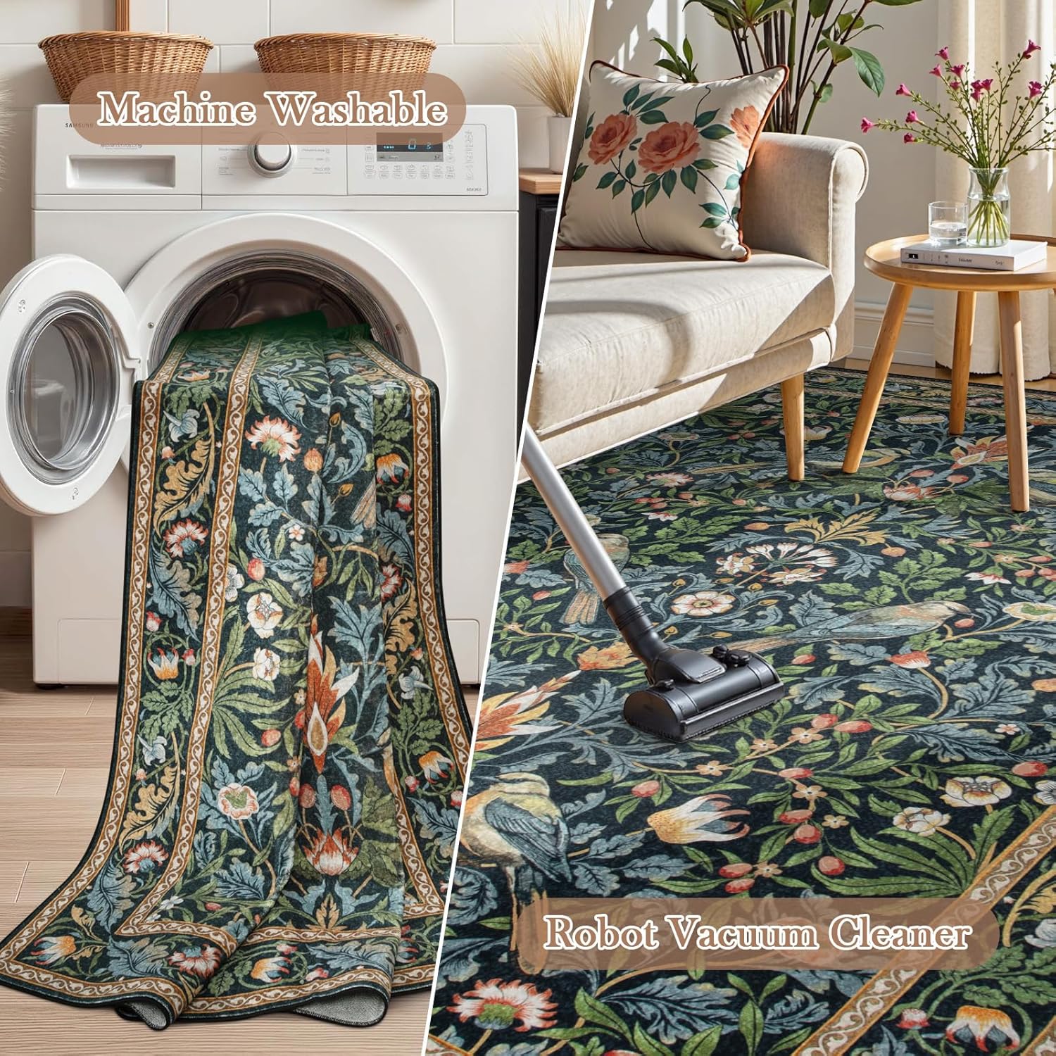 Morebes Boho Floral Hallway Runner Rug 8ft Navy Blue