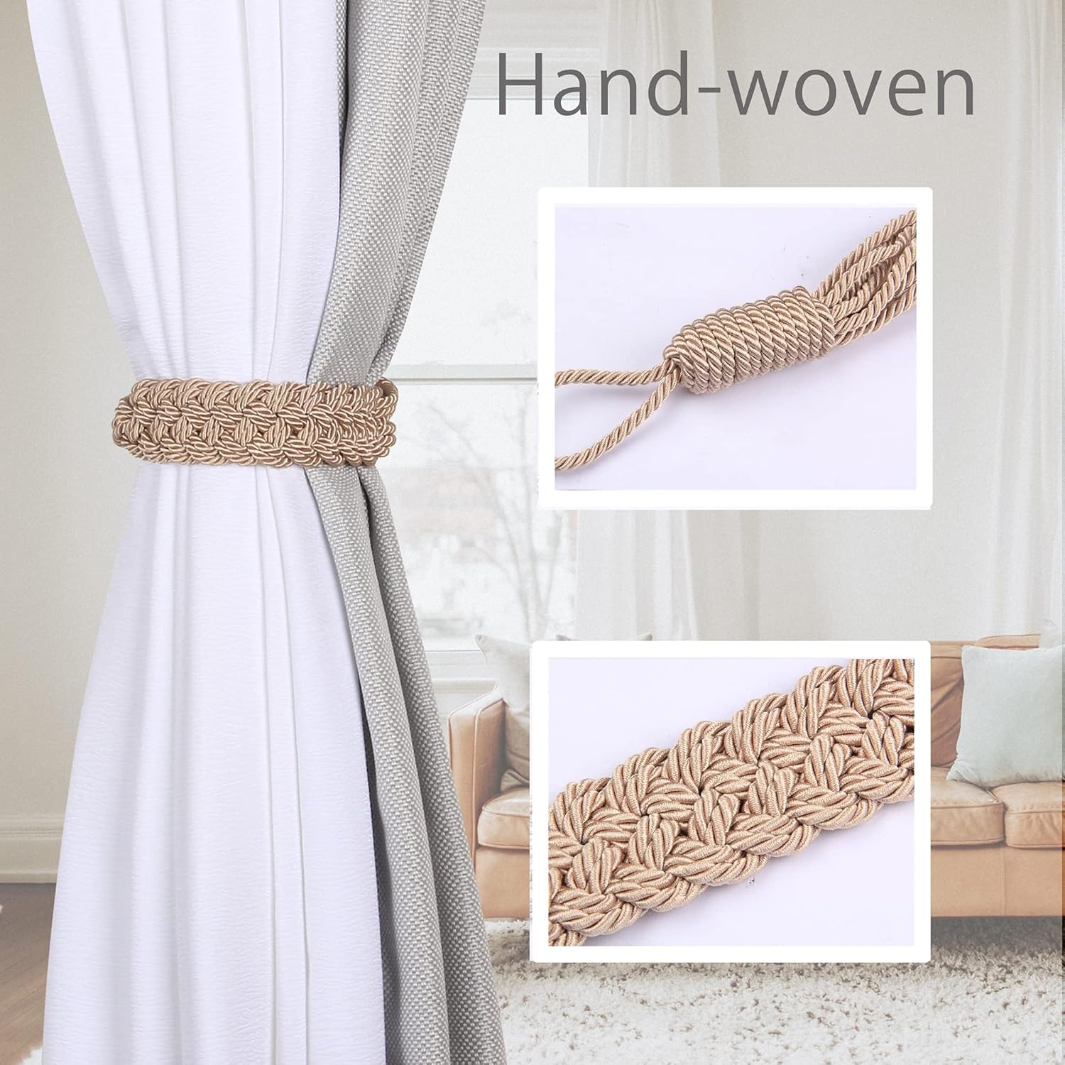 BEL AVENIR Curtain Tiebacks with Metal Hooks and Braided Rope