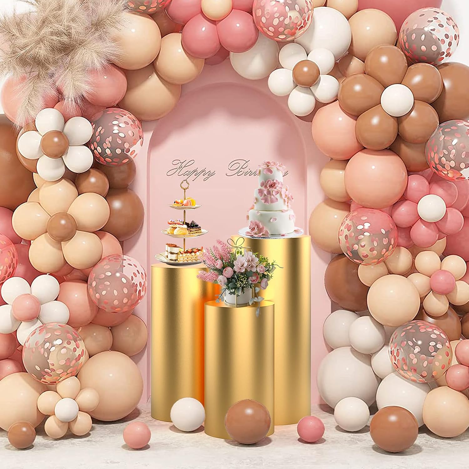 3PCS Clear Cylinder Stands with Gold Cover for Party Displays