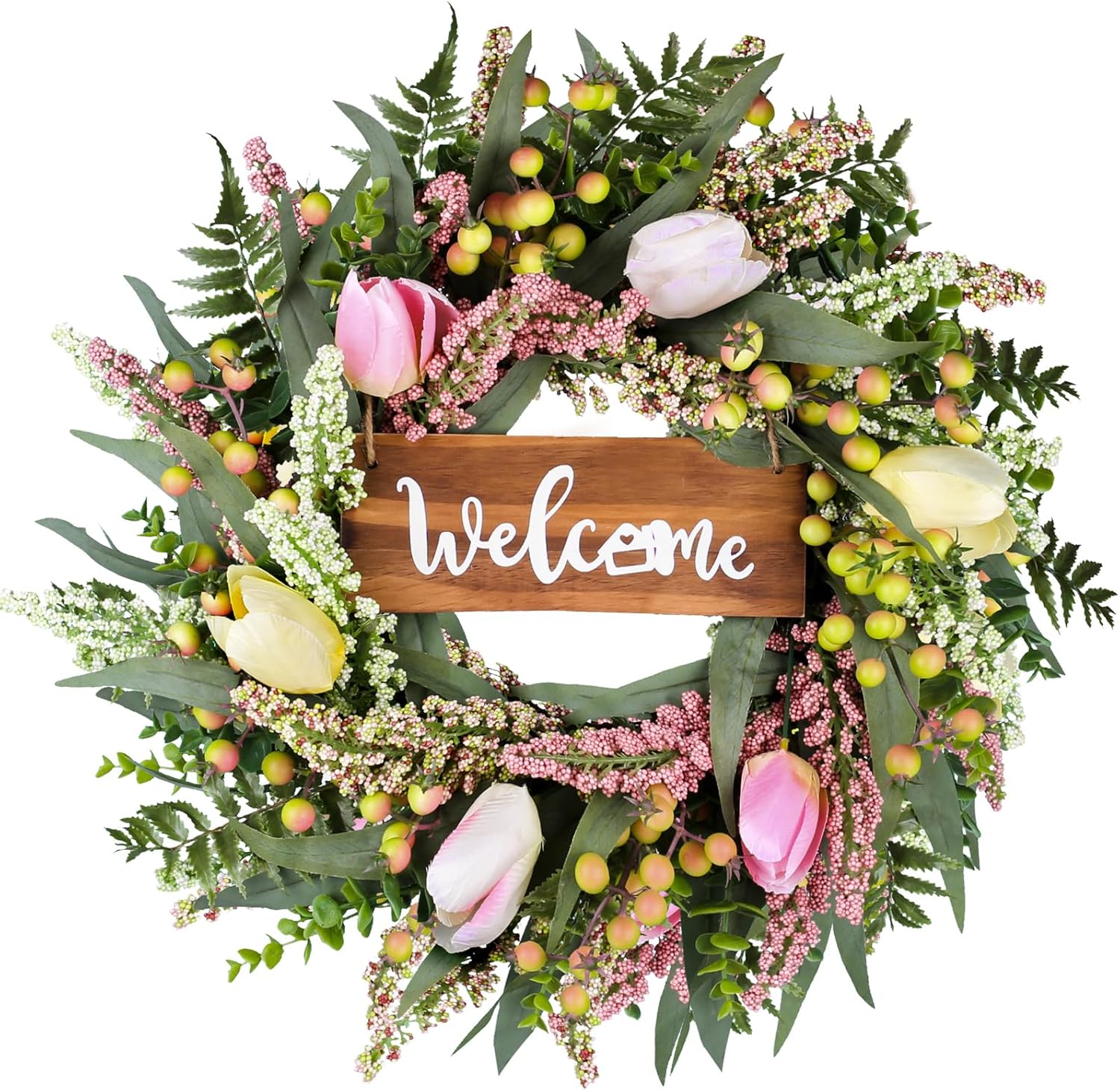 20 Inch Spring Summer Tulip Door Wreath with Berries and Cattails