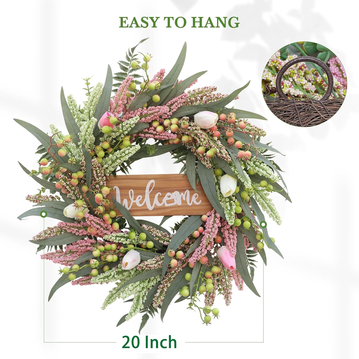 20 Inch Spring Summer Tulip Door Wreath with Berries and Cattails