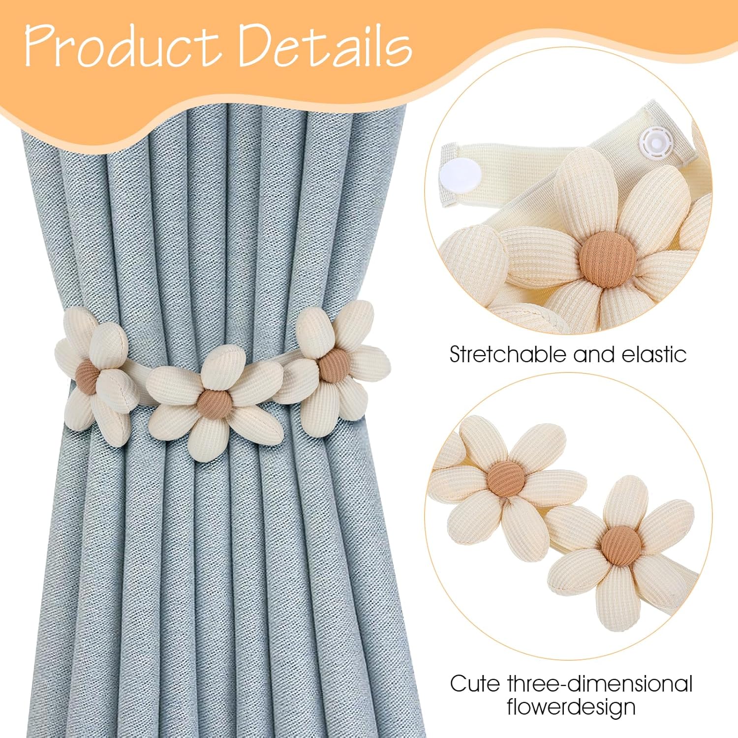 2 Pack Flower Curtain Tiebacks with Snap Button
