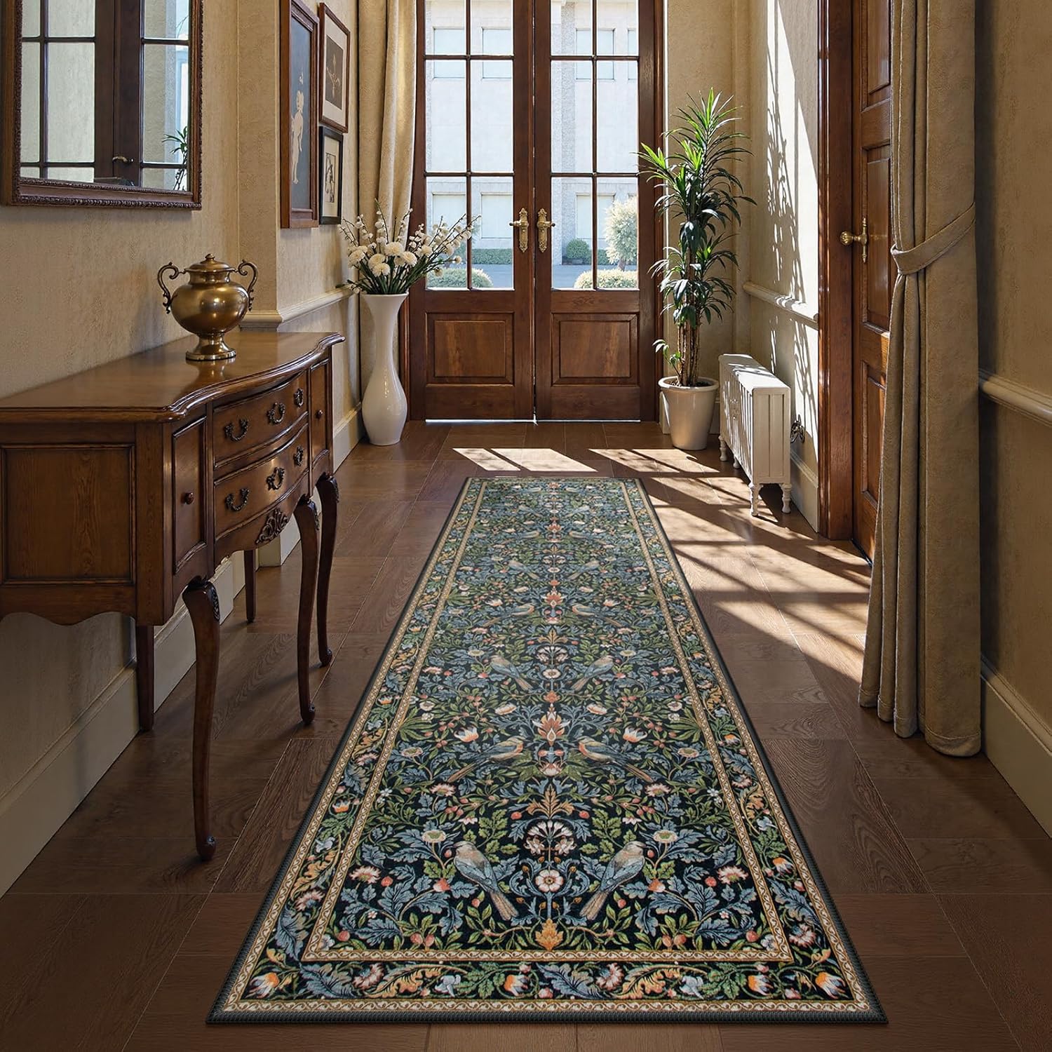 Morebes Boho Floral Hallway Runner Rug 8ft Navy Blue