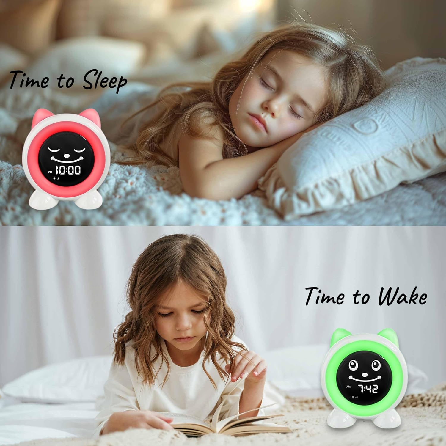IQ Cat Sleep Training Clock with Night Light and Dual Alarm