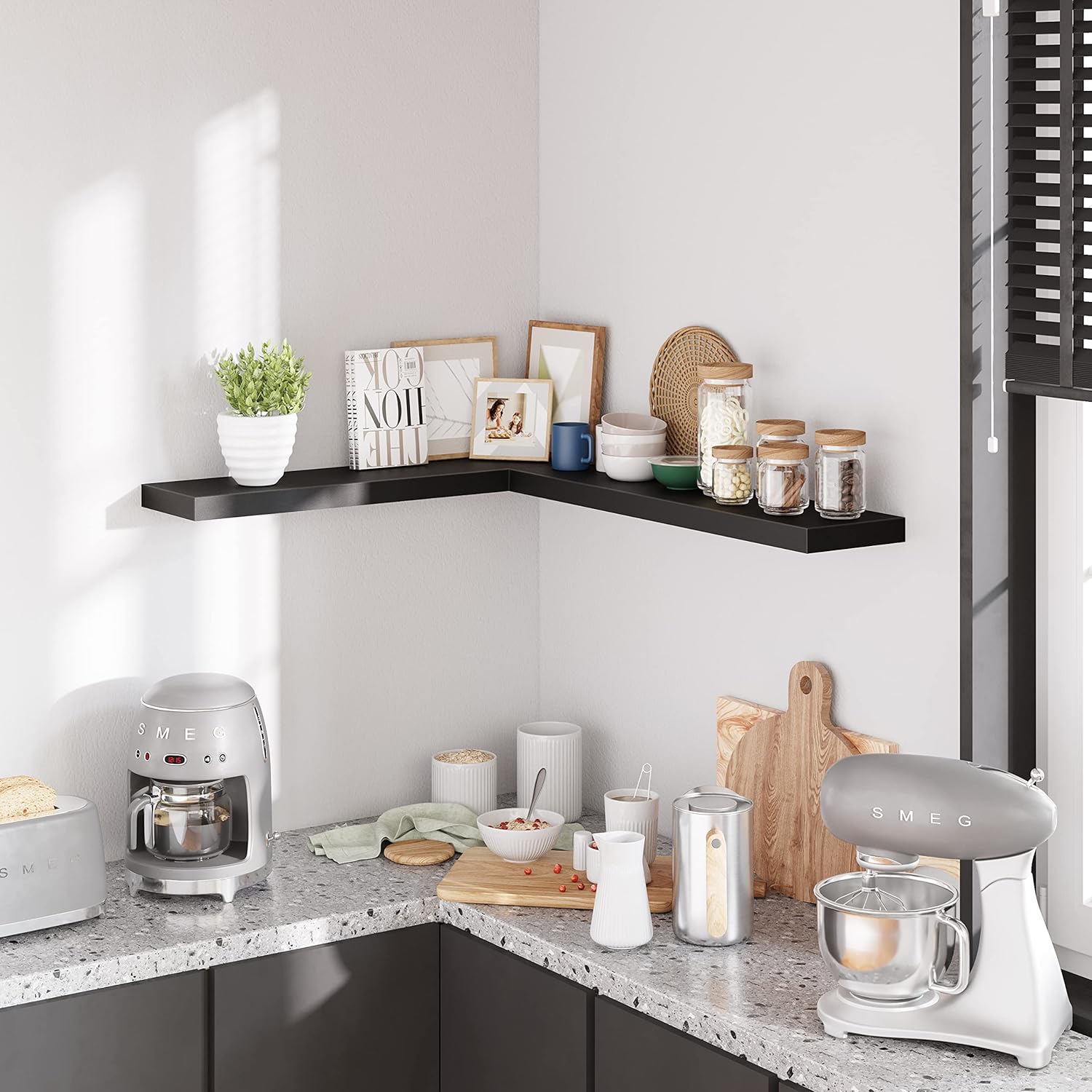 BAMEOS Floating Shelves Set of 2 - Black Wall Mounted Wooden Shelves