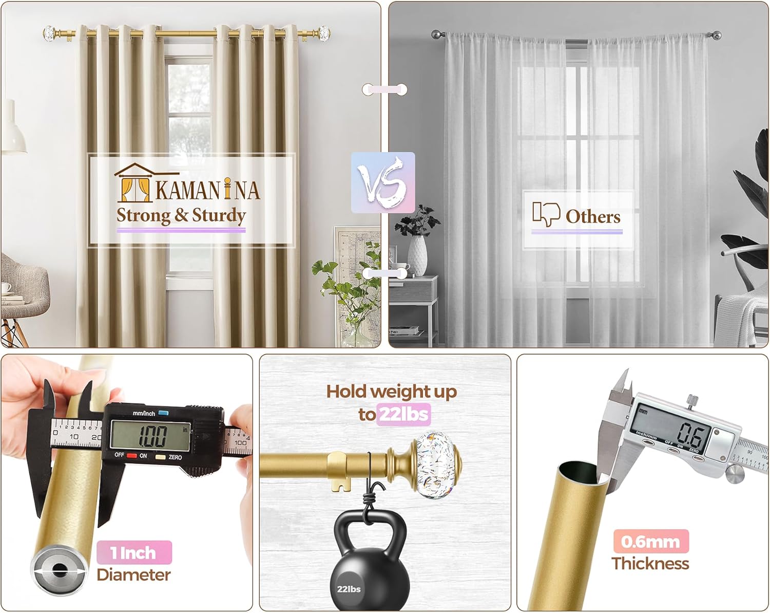 KAMANINA Gold Curtain Rod 32-58 Inch Adjustable