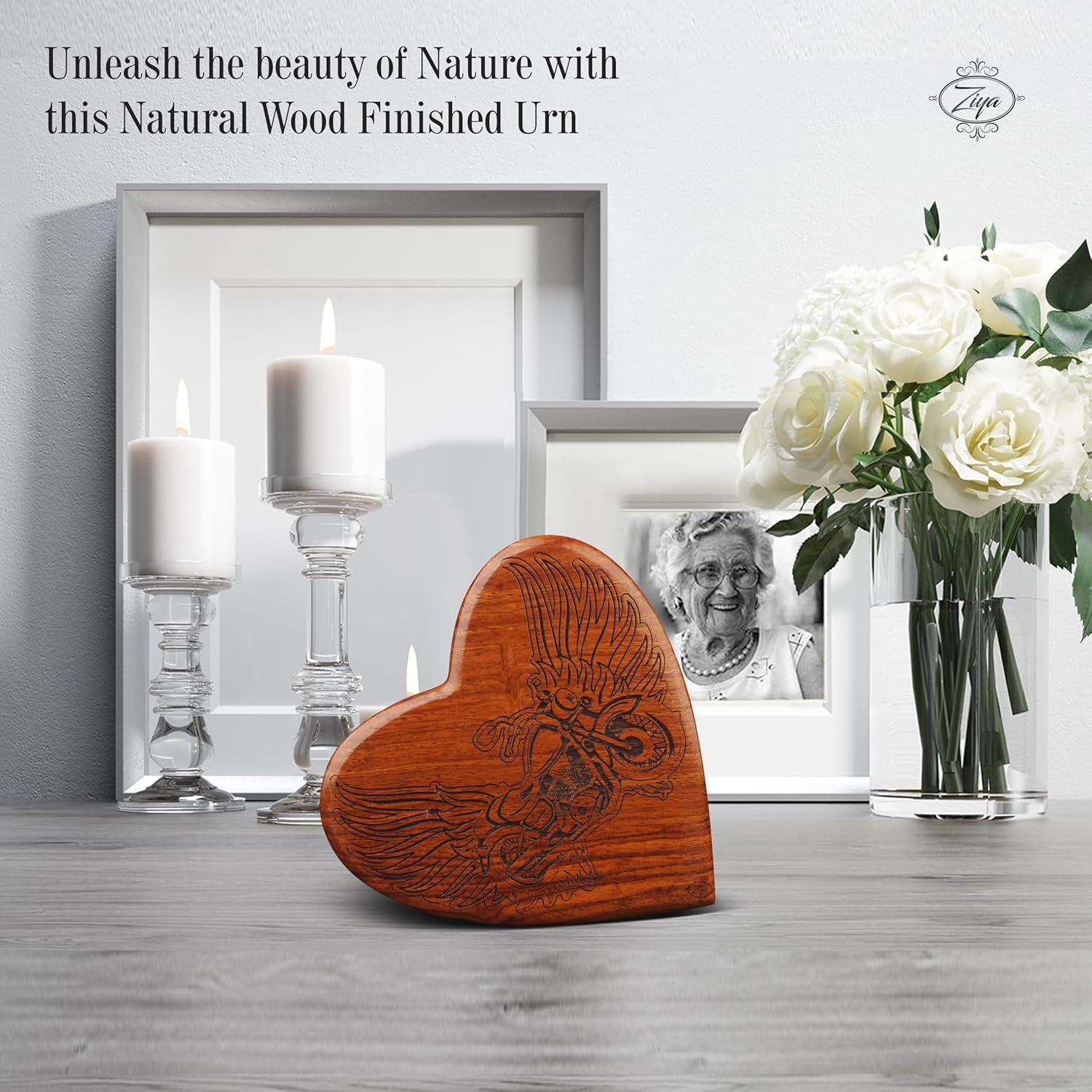 Ziya Wooden Heart Motorcycle Cremation Urn for Men
