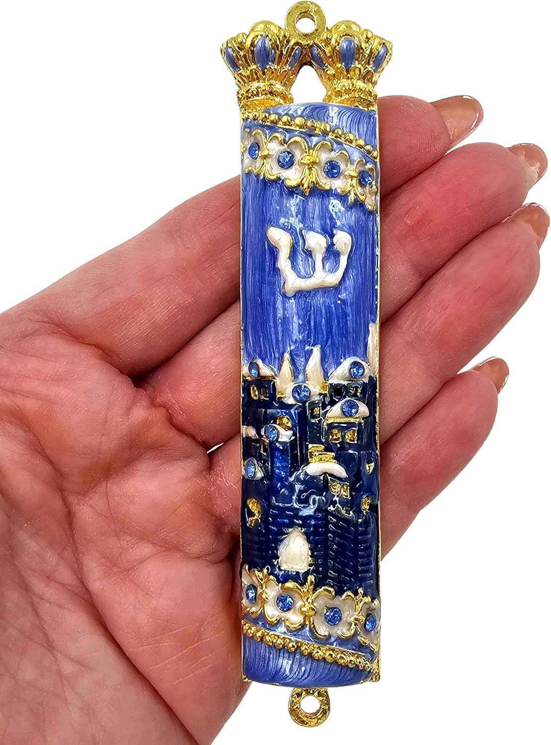 TALISMAN4U Blue Enamel Mezuzah Case with Gold Plated Crystals and Hebrew Scroll